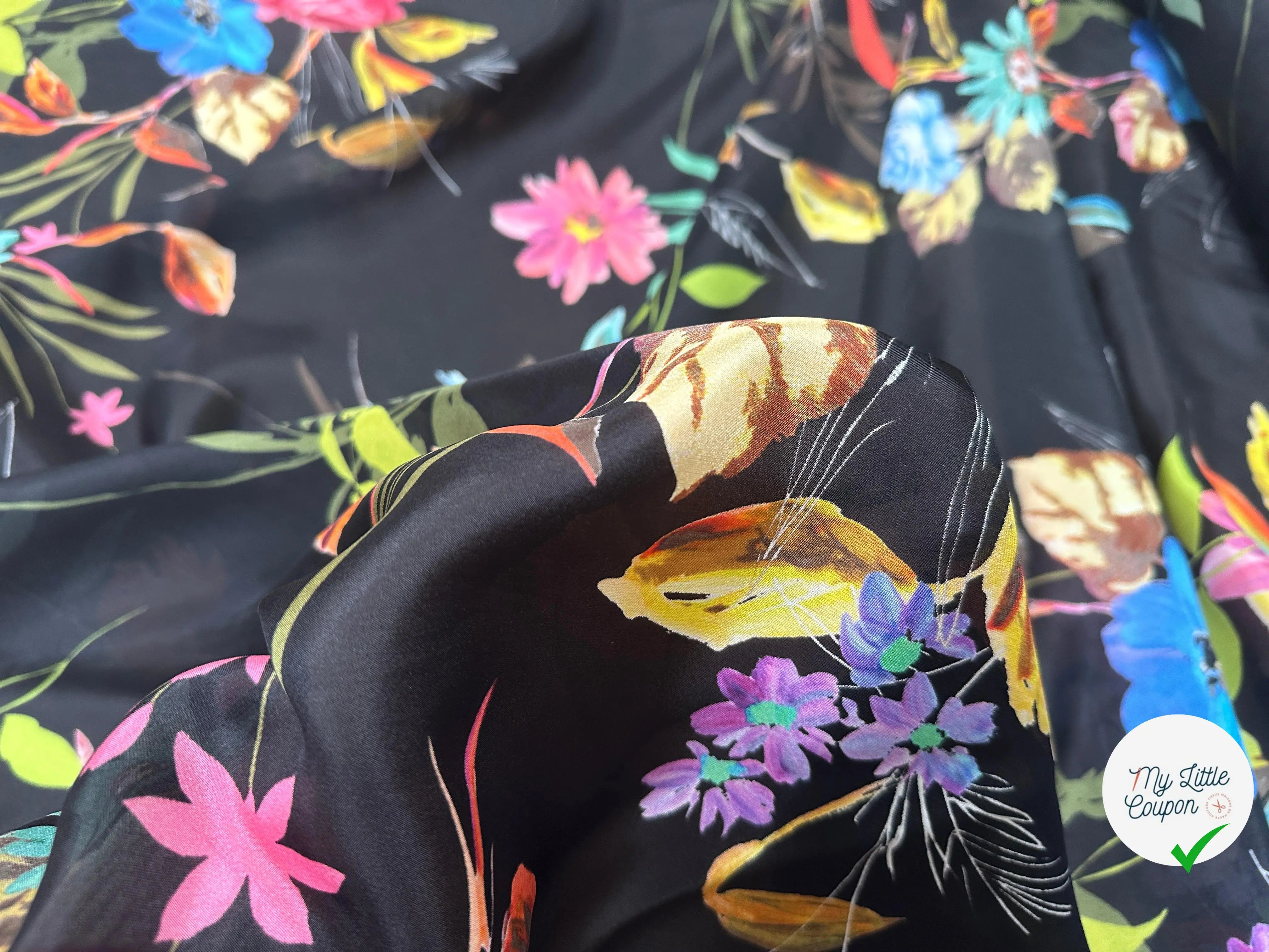 PONGÉ DE SOIE FLEURS FOND NOIR - My Little Coupon