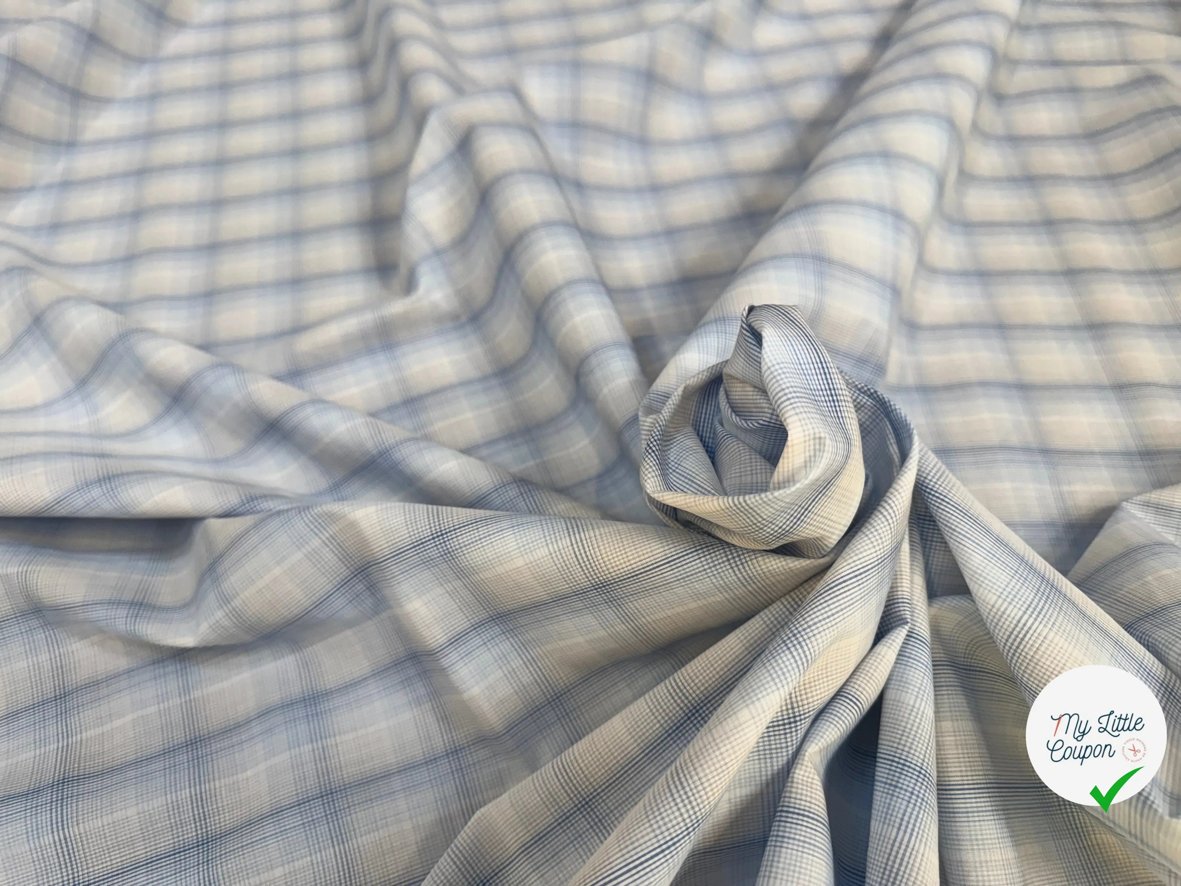 POPELINE COTON CARREAUX FOND BLANC BLEU - My Little Coupon