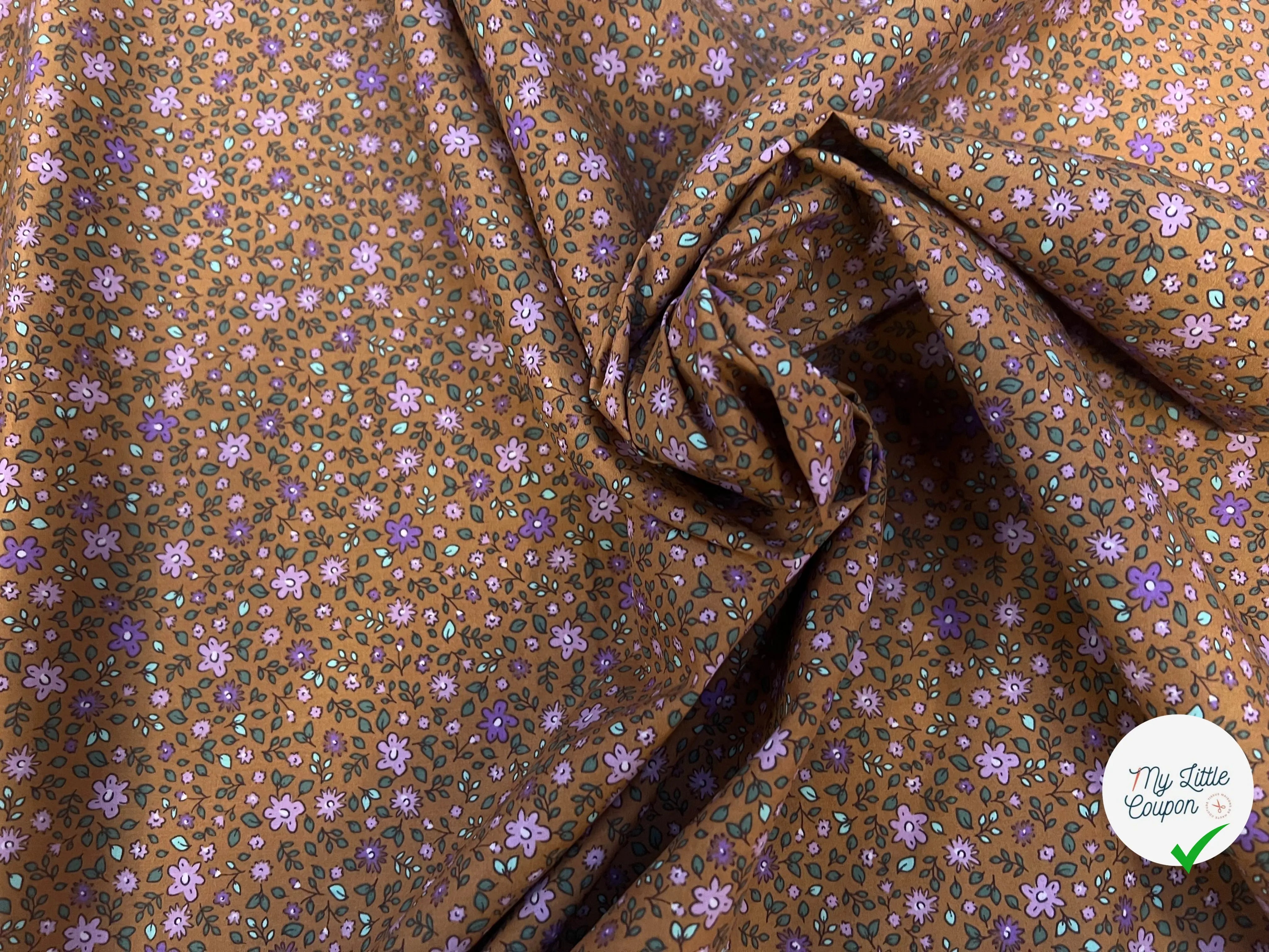 POPELINE COTON IMPRIMÉE YVETTE OCRE / MAUVE - My Little Coupon