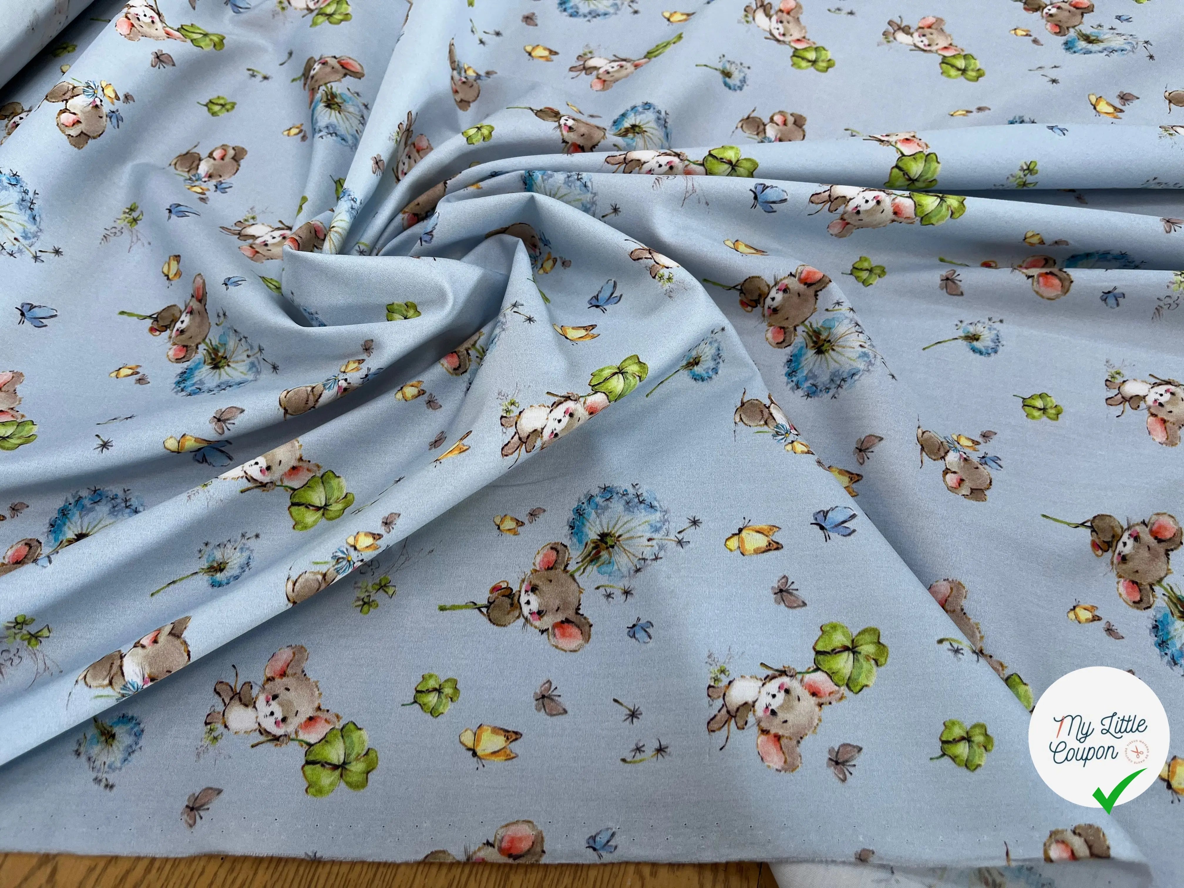 POPELINE DE COTON 120 FILS ENFANT PETITE SOURIS BLEU - My Little Coupon