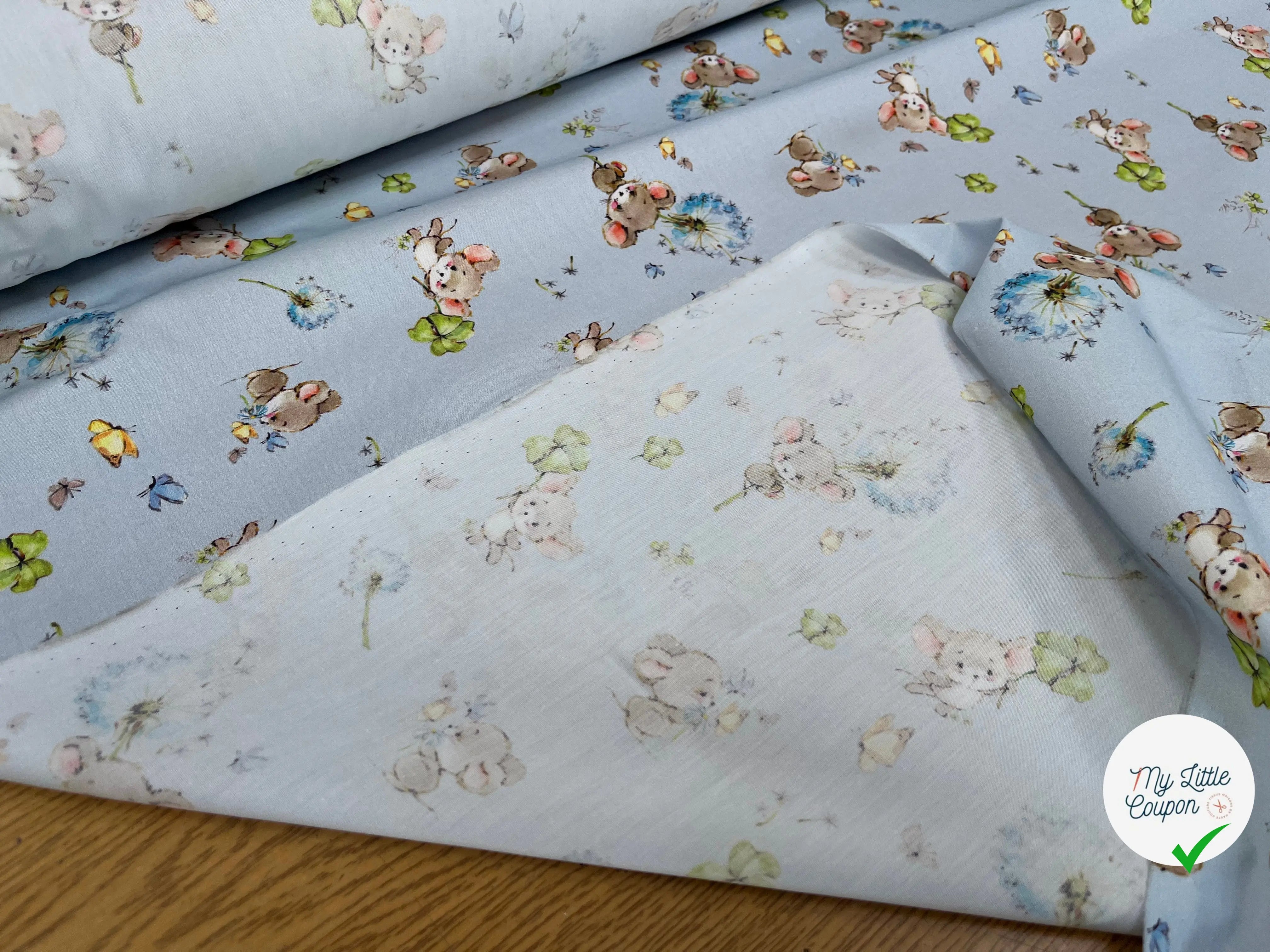 POPELINE DE COTON 120 FILS ENFANT PETITE SOURIS BLEU - My Little Coupon