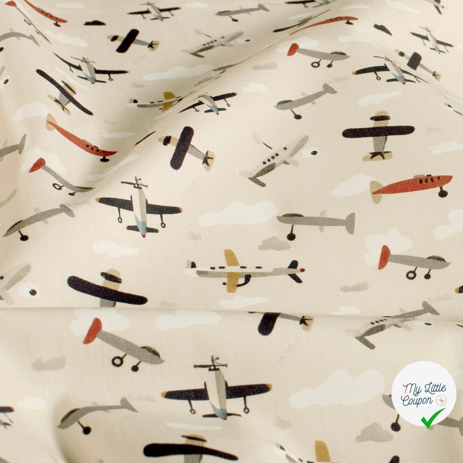 POPELINE DE COTON AVIONS FOND BLANC CASSÉ - My Little Coupon