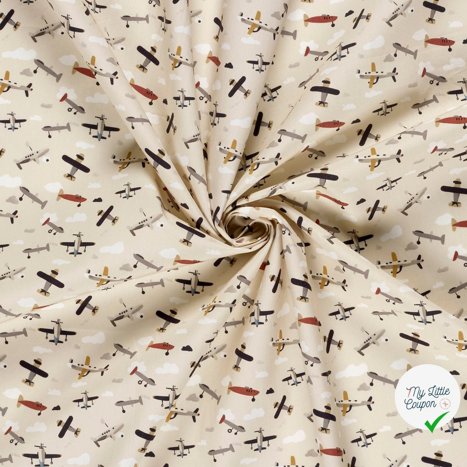 POPELINE DE COTON AVIONS FOND BLANC CASSÉ - My Little Coupon