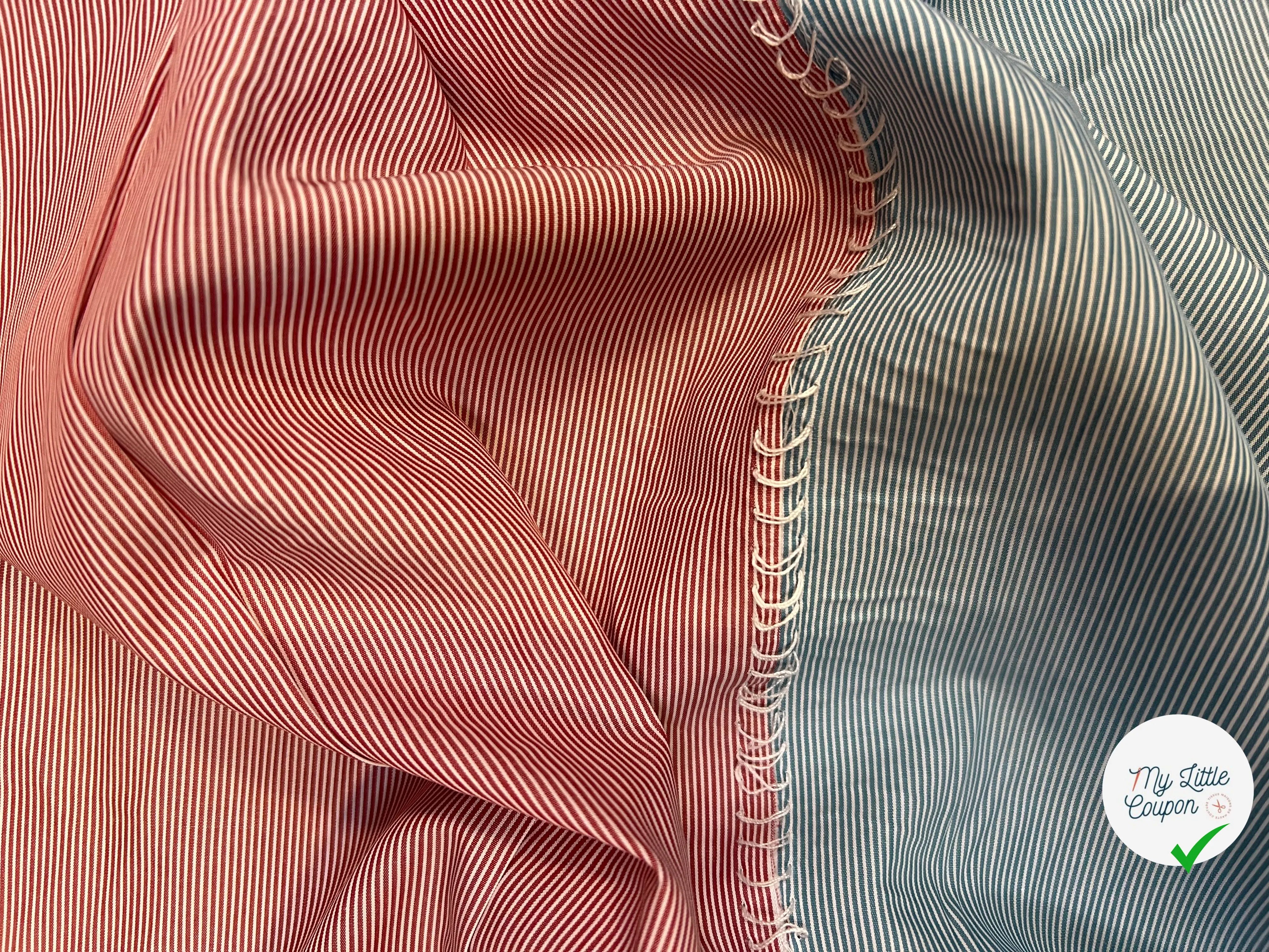 POPELINE DE COTON BICOLORE À PETITES RAYURES BLEU ET ROUGE ROSÉ - My Little Coupon