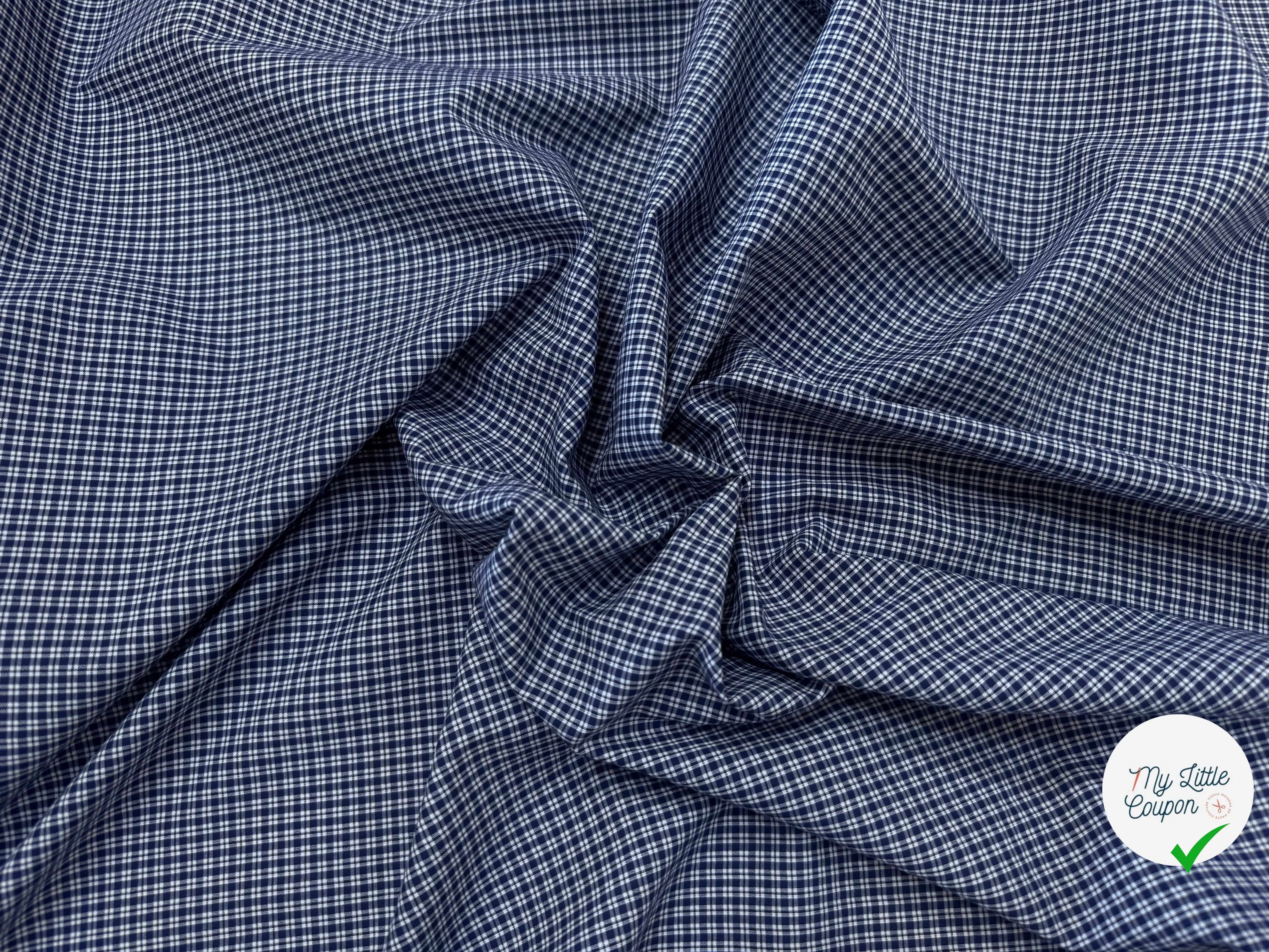 POPELINE DE COTON BLEU MARINE A PETITS CARREAUX BLANC - My Little Coupon