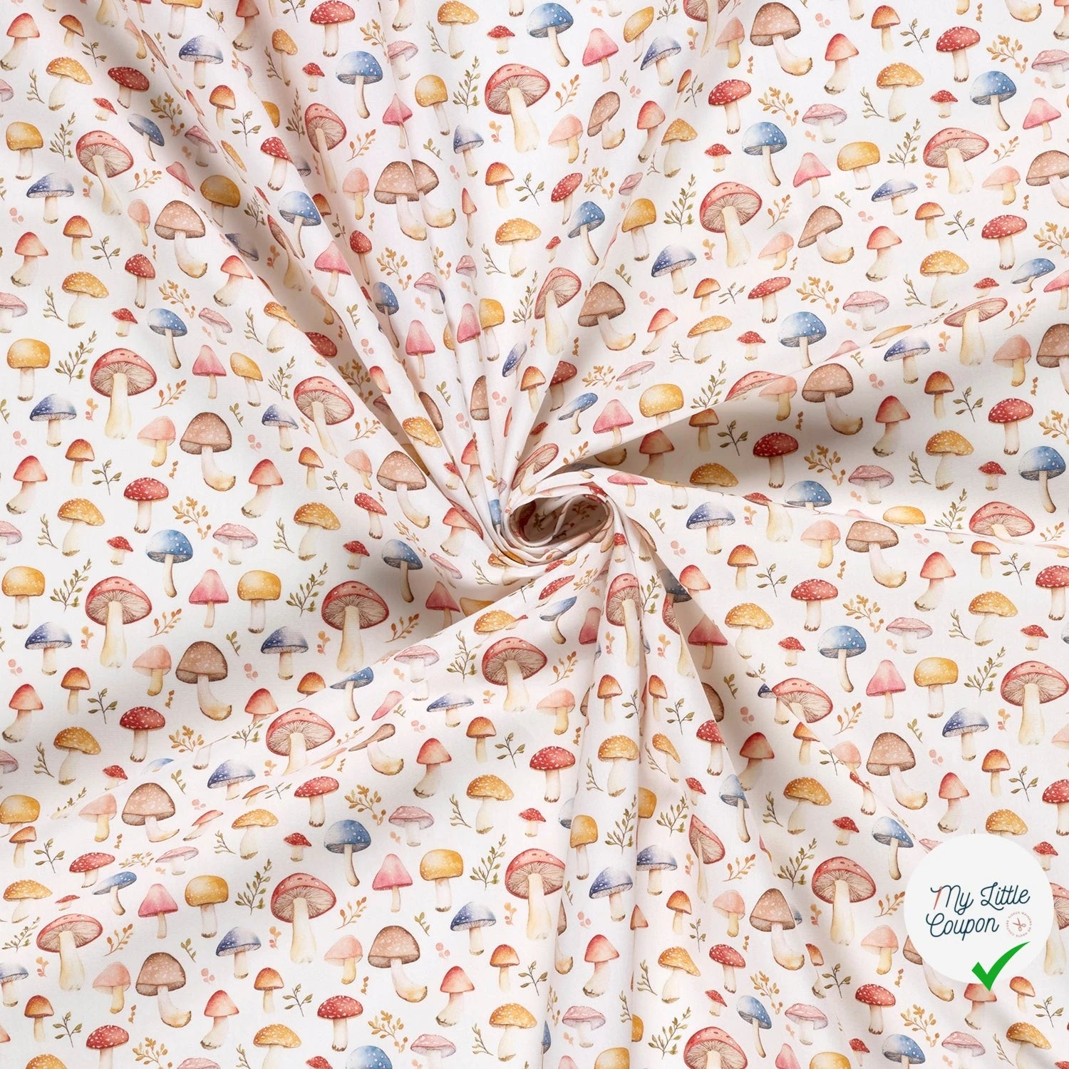 POPELINE DE COTON CHAMPIGNONS FOND BLANC TRANSPARENT - My Little Coupon