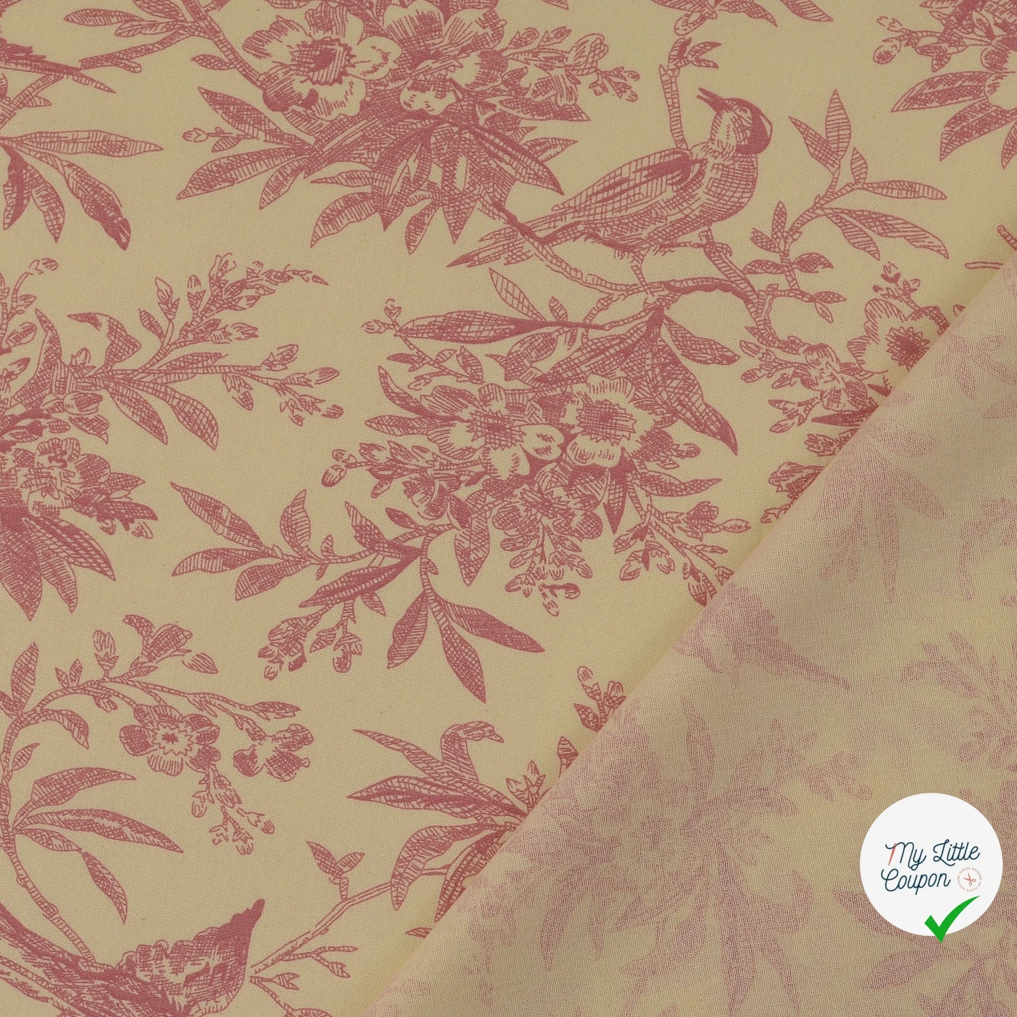 POPELINE DE COTON FEUILLES VIEUX ROSE - My Little Coupon