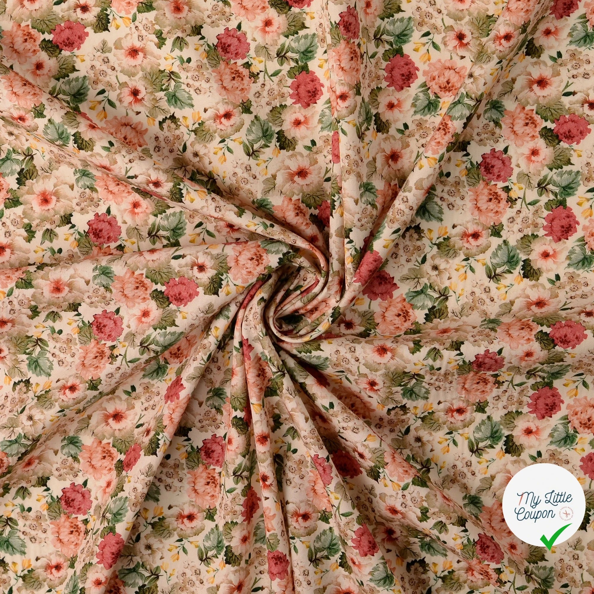 POPELINE DE COTON FLEURS BLANC CASSÉ - My Little Coupon