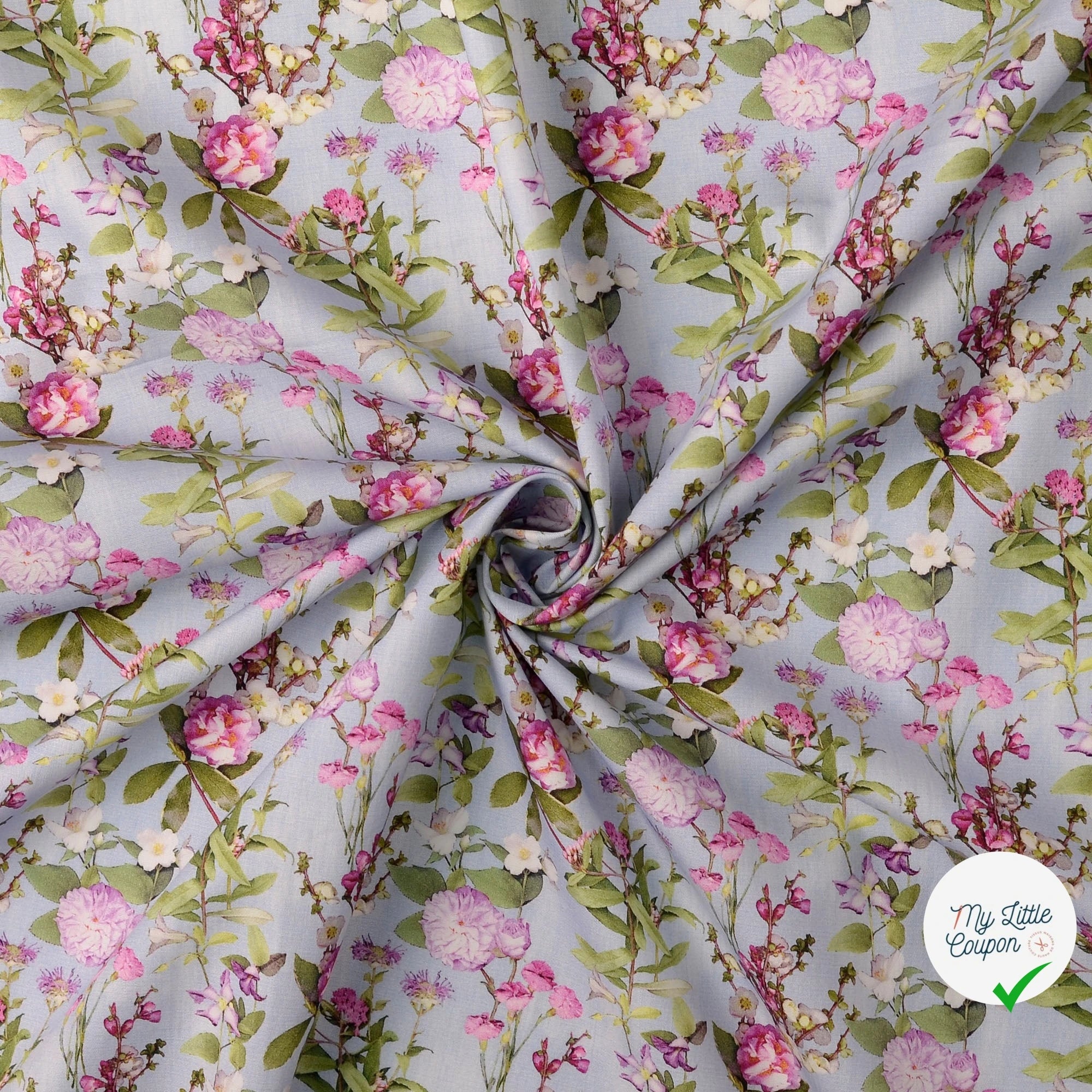 POPELINE DE COTON FLEURS BLEU CLAIR - My Little Coupon