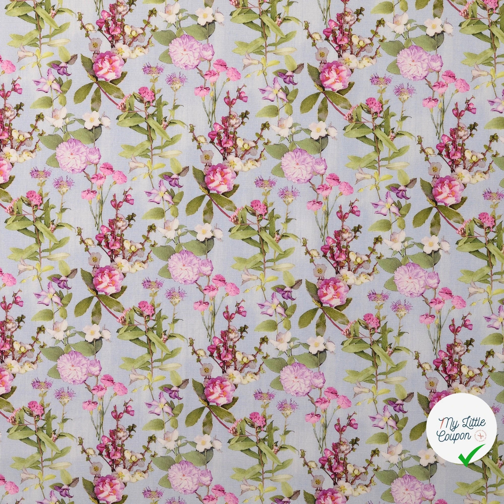 POPELINE DE COTON FLEURS BLEU CLAIR - My Little Coupon