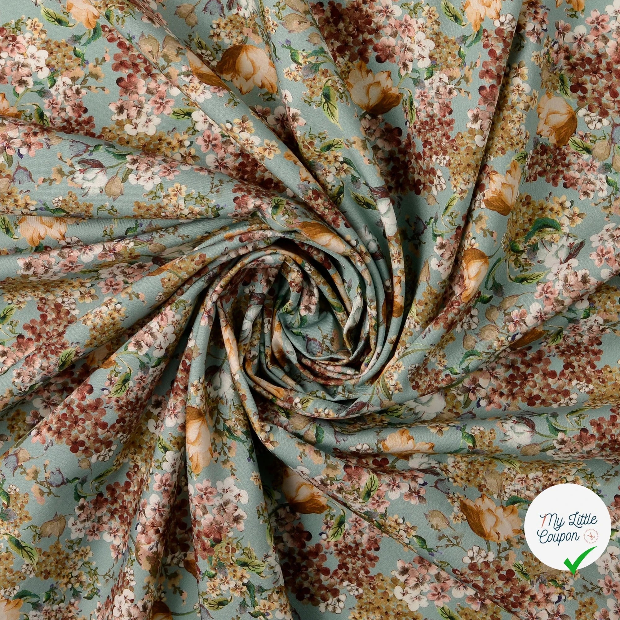 POPELINE DE COTON FLEURS FOND MENTHE - My Little Coupon