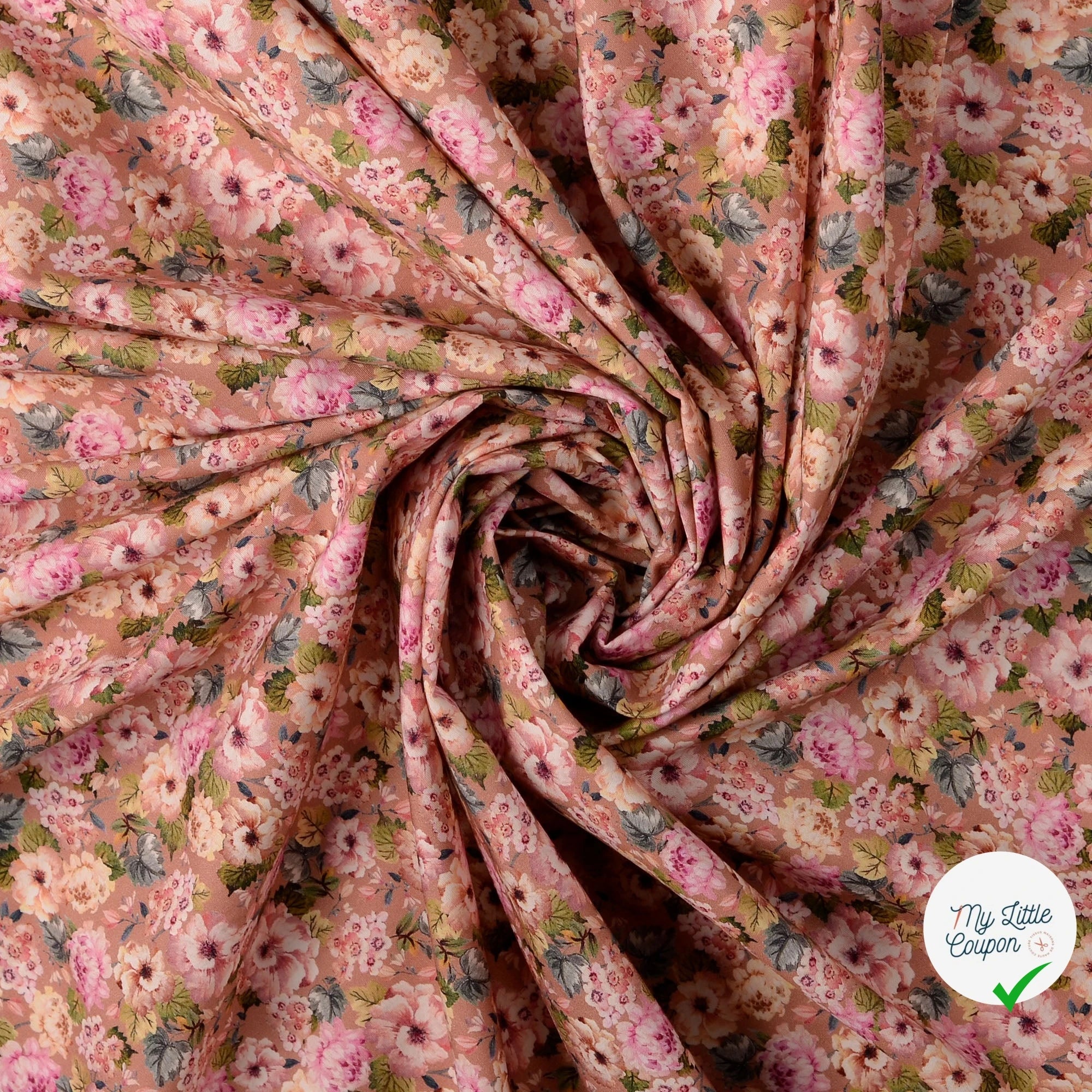 POPELINE DE COTON FLEURS FOND VIEUX ROSE - My Little Coupon