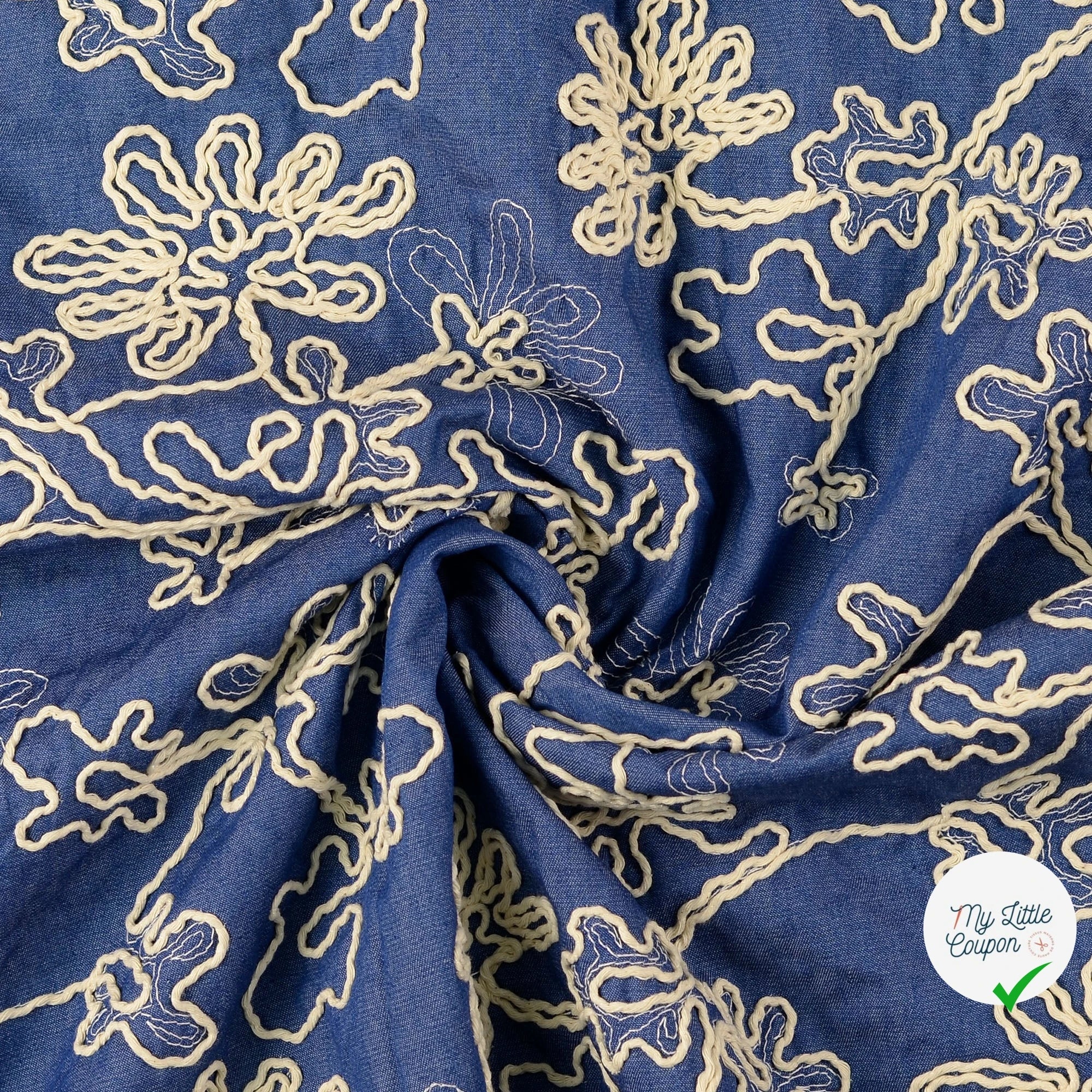 POPELINE DE COTON FLEURS INDIGO - My Little Coupon