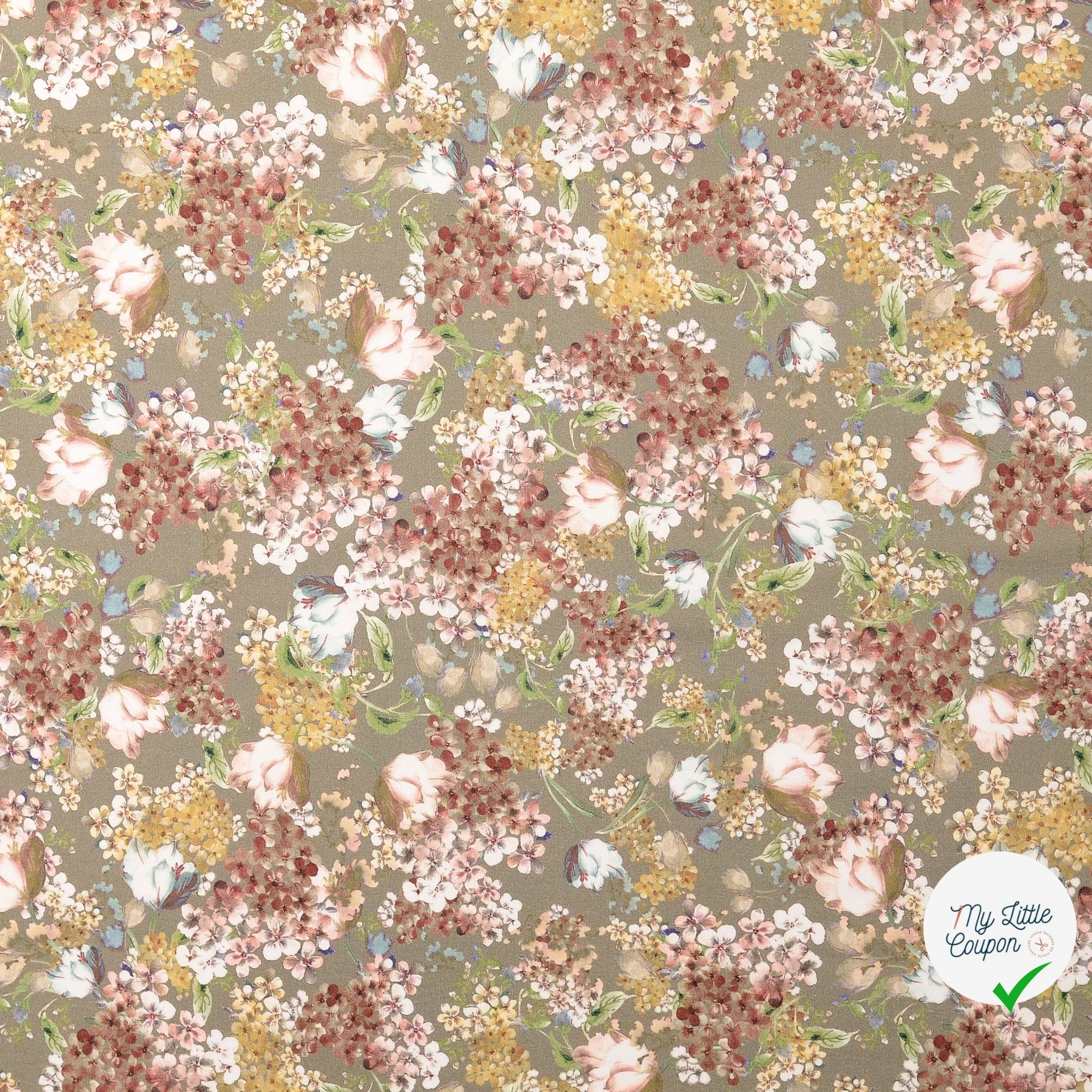 POPELINE DE COTON FLEURS VERT OLIVE - My Little Coupon