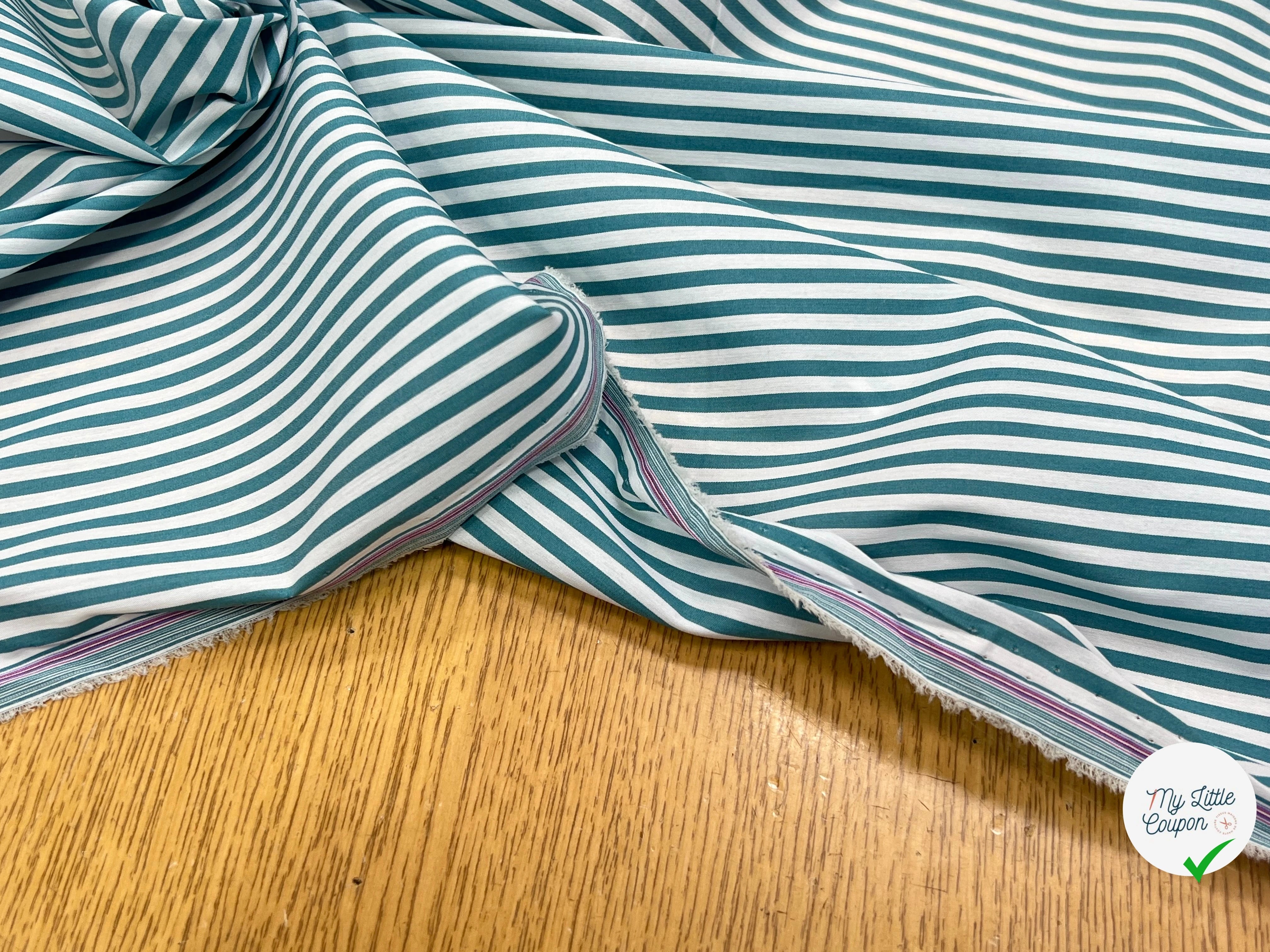 POPELINE DE COTON FLUIDE STRETCH À RAYURES BLEU TEAL - My Little Coupon