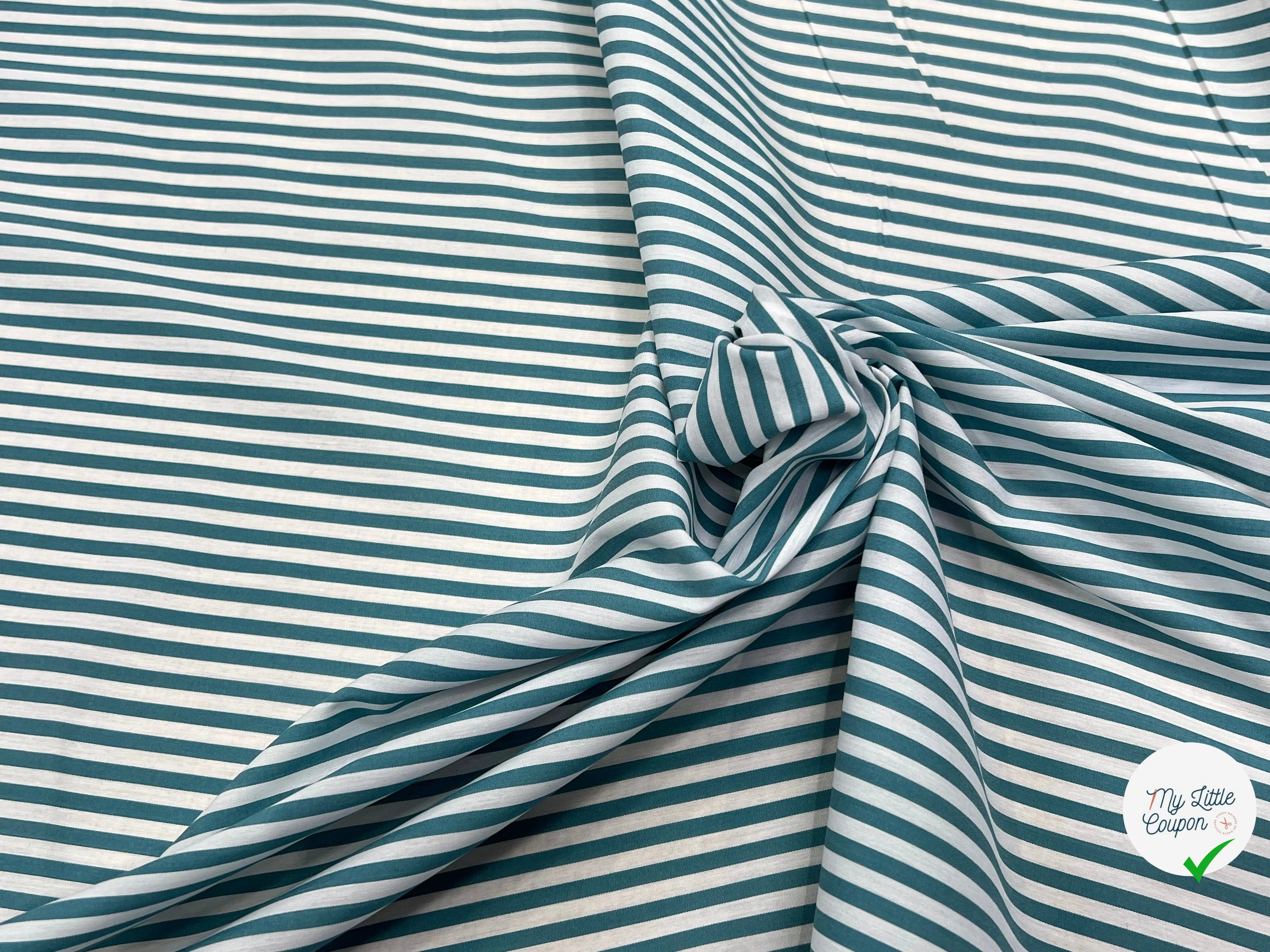 POPELINE DE COTON FLUIDE STRETCH À RAYURES BLEU TEAL - My Little Coupon