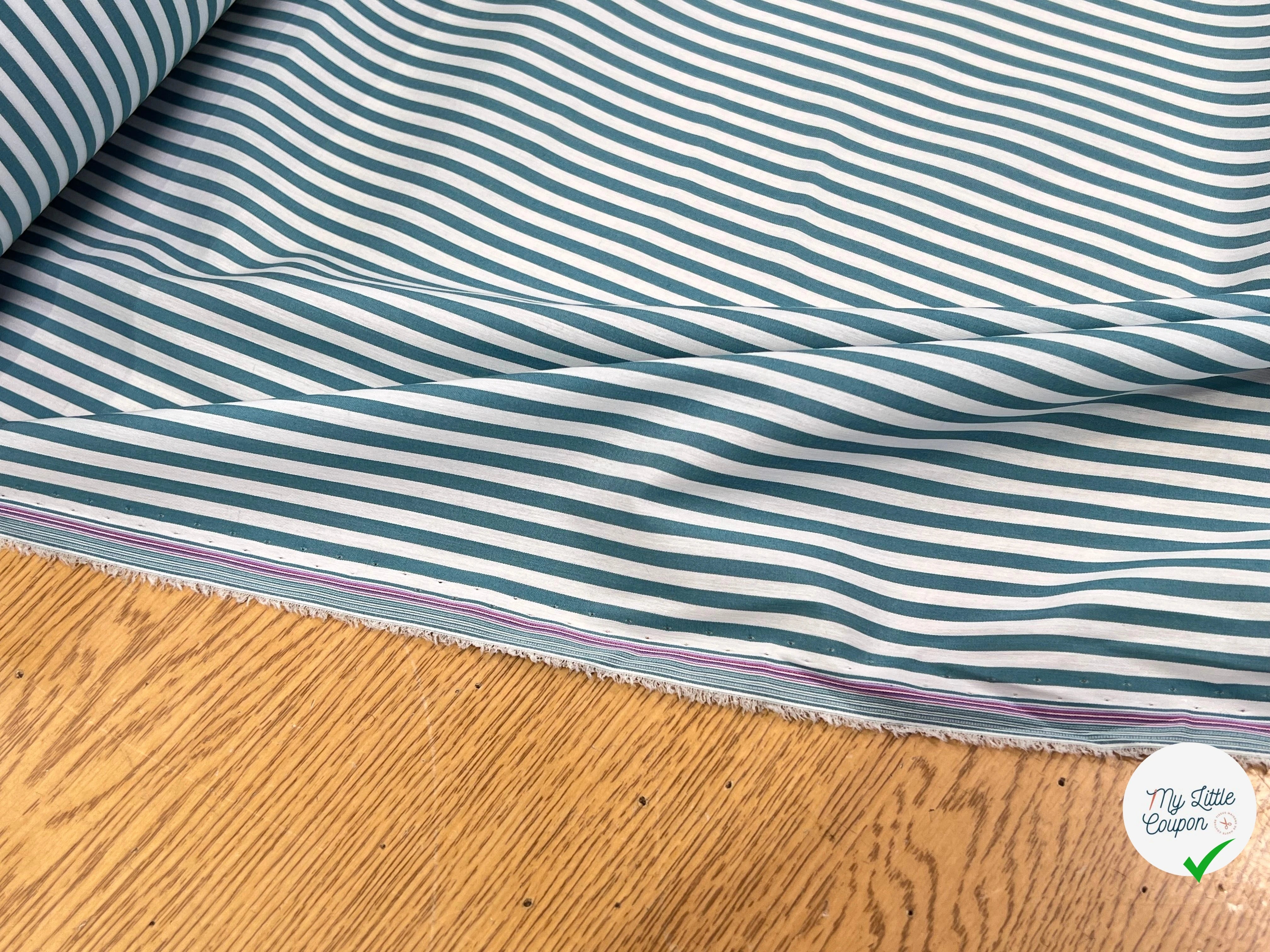 POPELINE DE COTON FLUIDE STRETCH À RAYURES BLEU TEAL - My Little Coupon