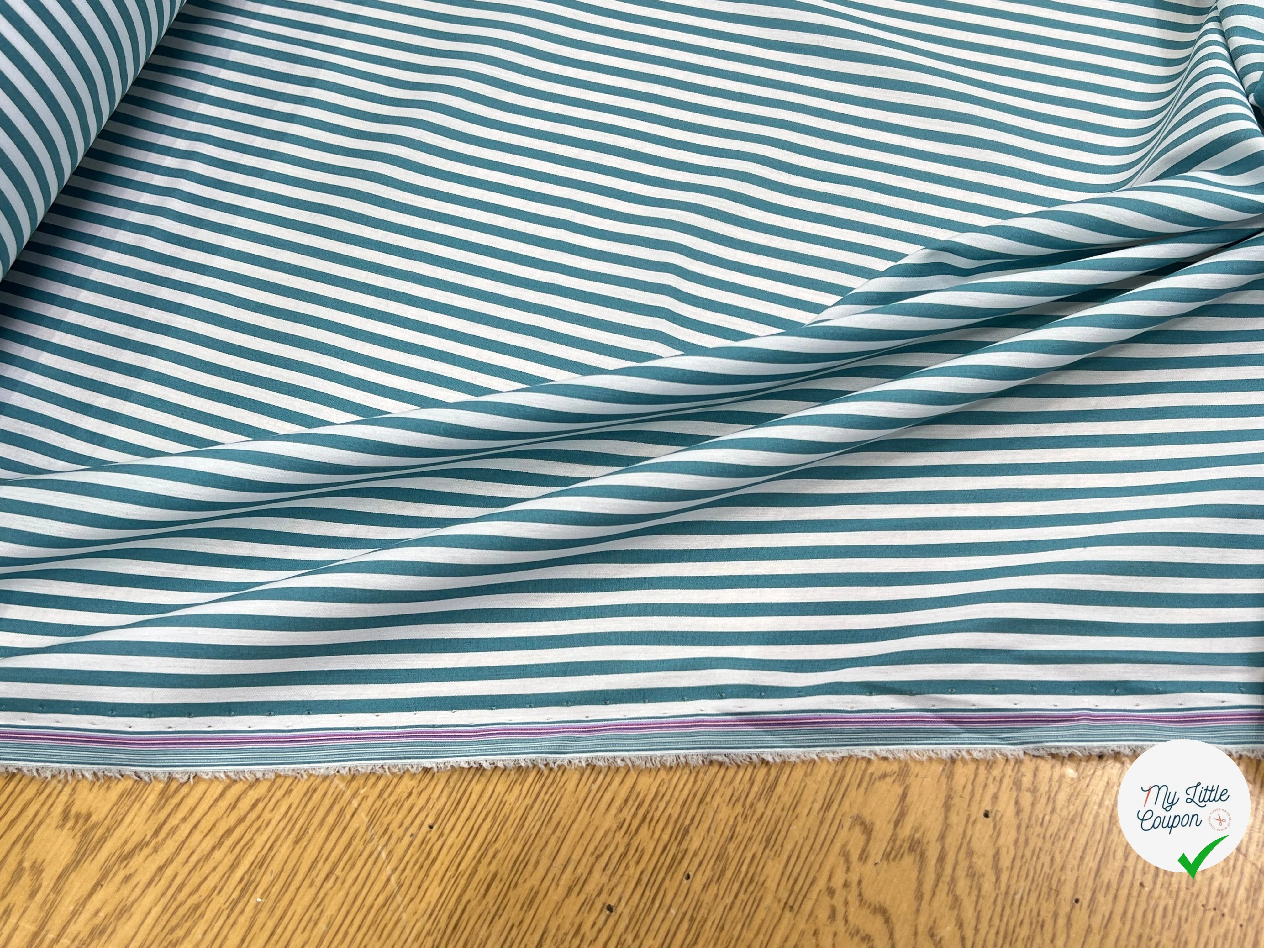 POPELINE DE COTON FLUIDE STRETCH À RAYURES BLEU TEAL - My Little Coupon