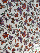 POPELINE DE COTON FOND CASSÉ IMPRIMÉE JOLIES GROSSES FLEURS ORANGE VIOLET - My Little Coupon