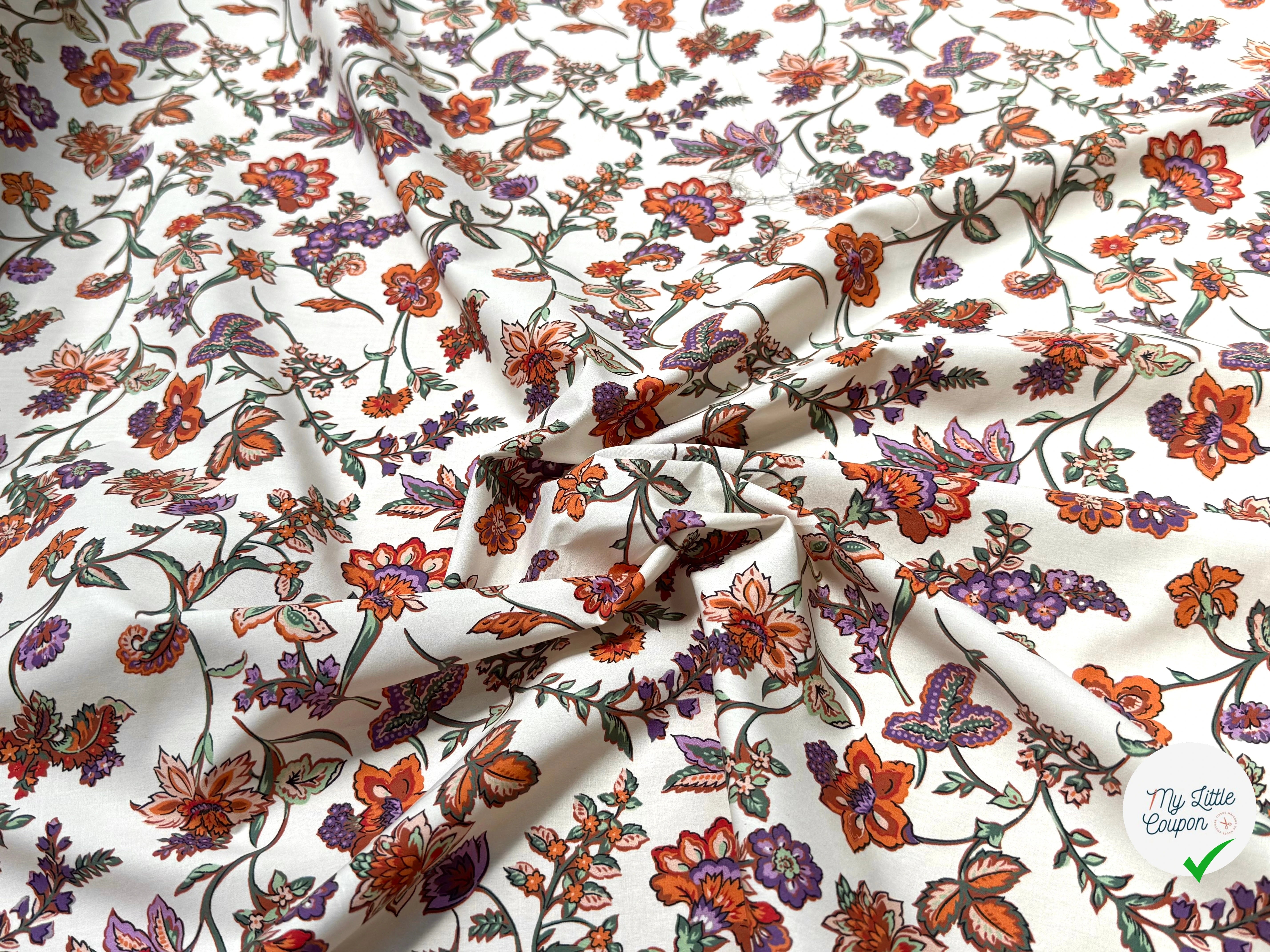 POPELINE DE COTON FOND CASSÉ IMPRIMÉE JOLIES GROSSES FLEURS ORANGE VIOLET - My Little Coupon
