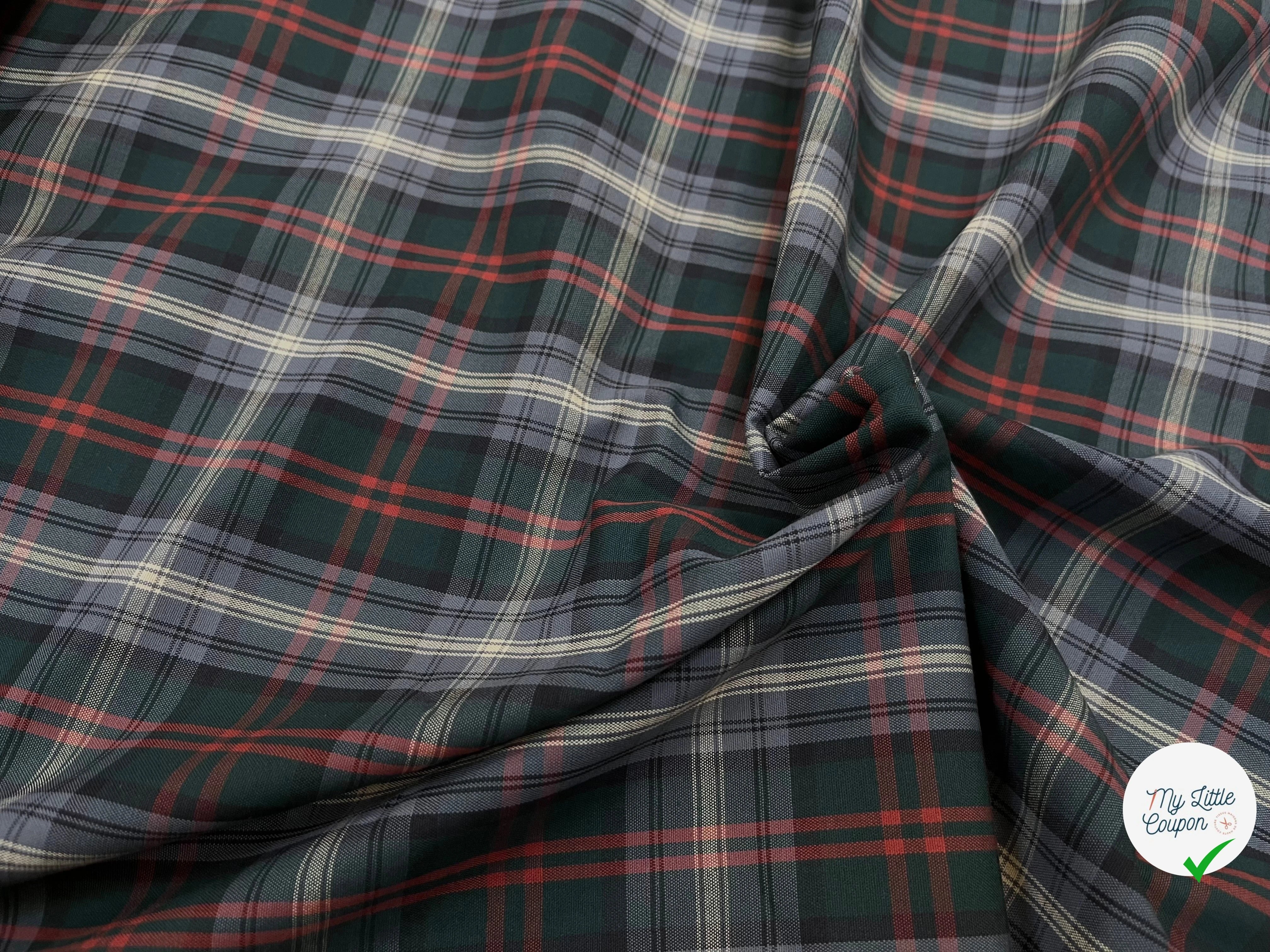 POPELINE DE COTON MOTIF PRINCE DE GALLES VERT, GRIS ET ROUGE 145CM - My Little Coupon
