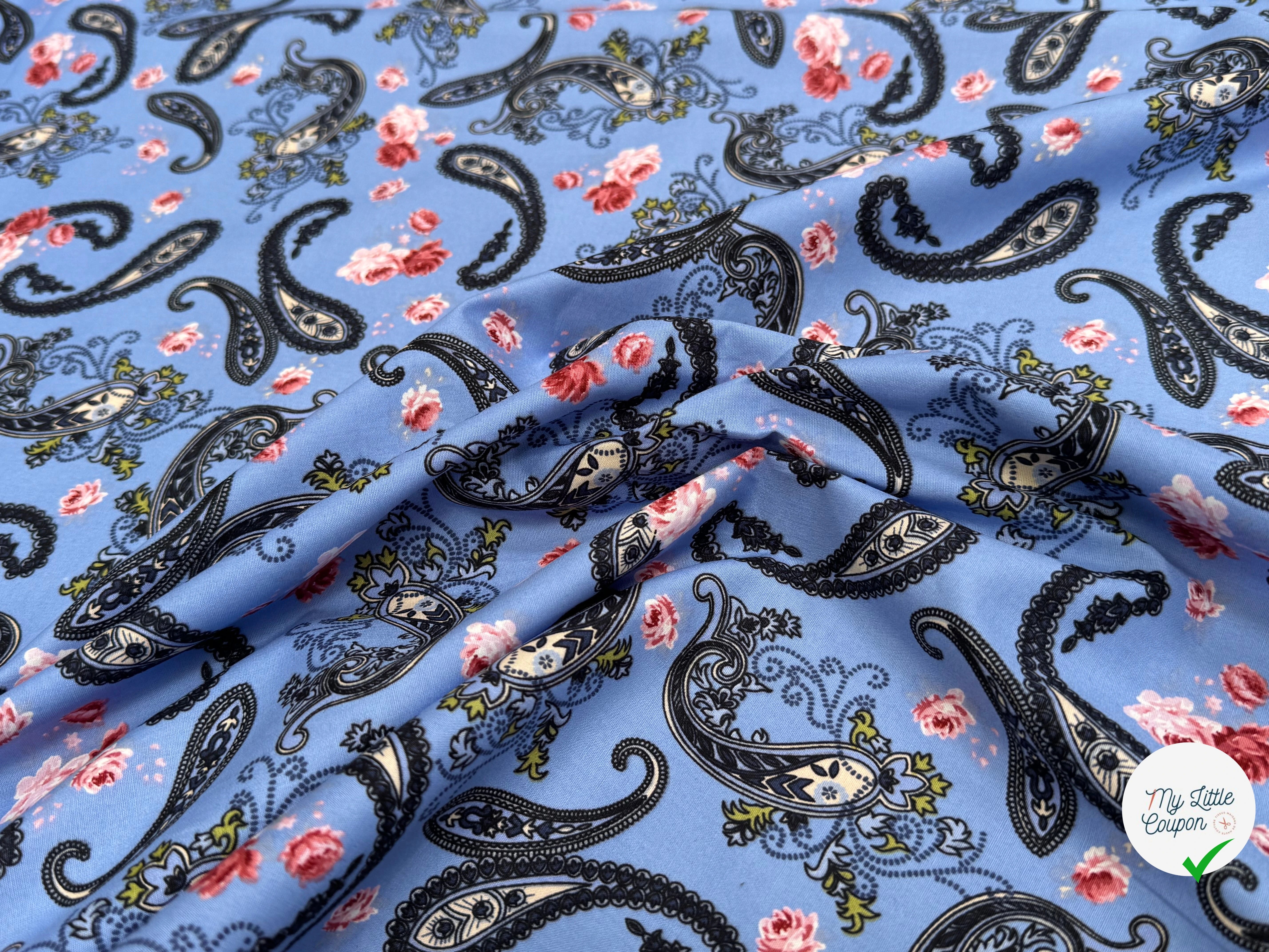 POPELINE DE COTON PAISLEY BLEU - My Little Coupon