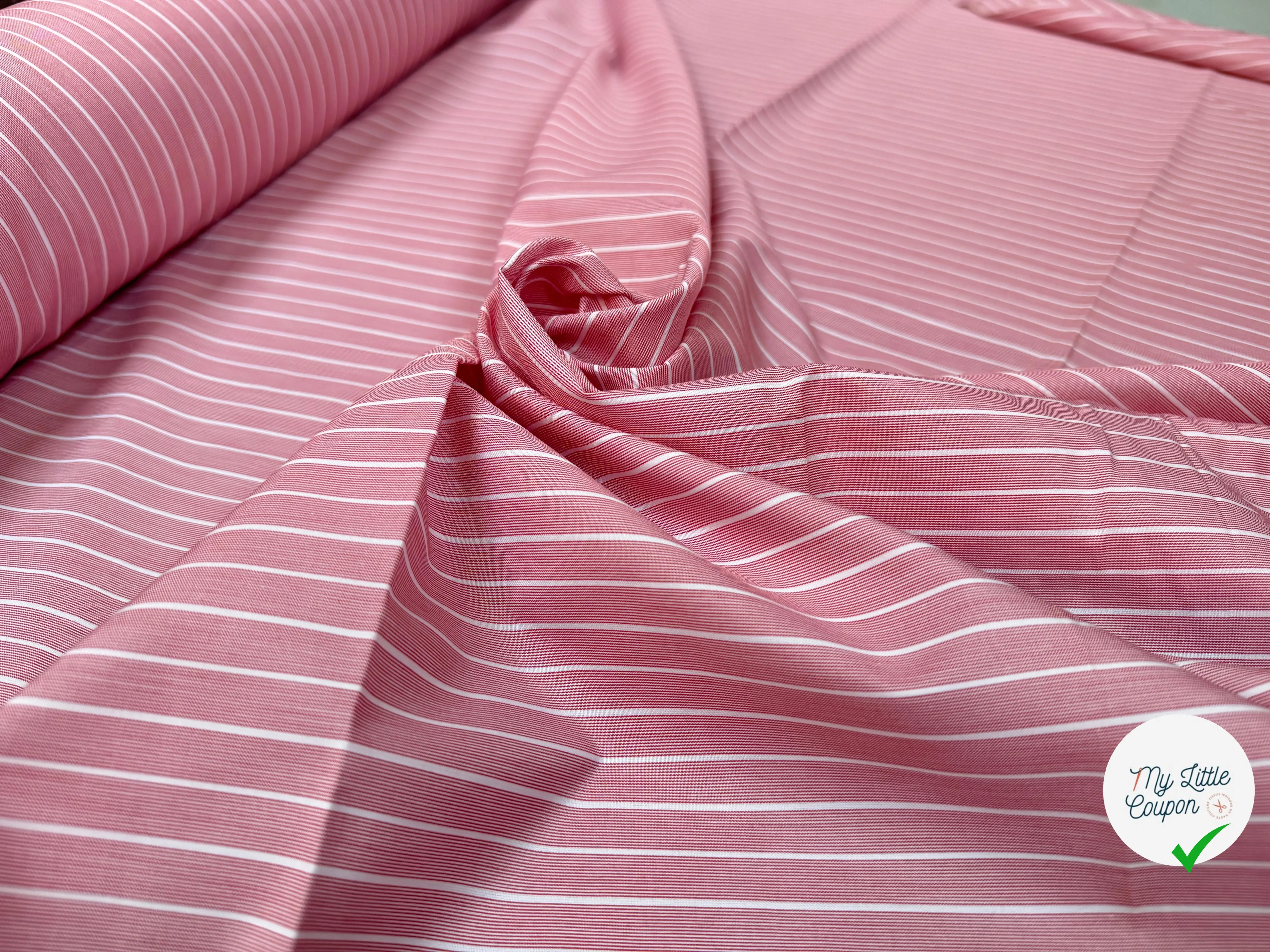 POPELINE DE COTON ROSE À RAYURES BLANCHES - My Little Coupon