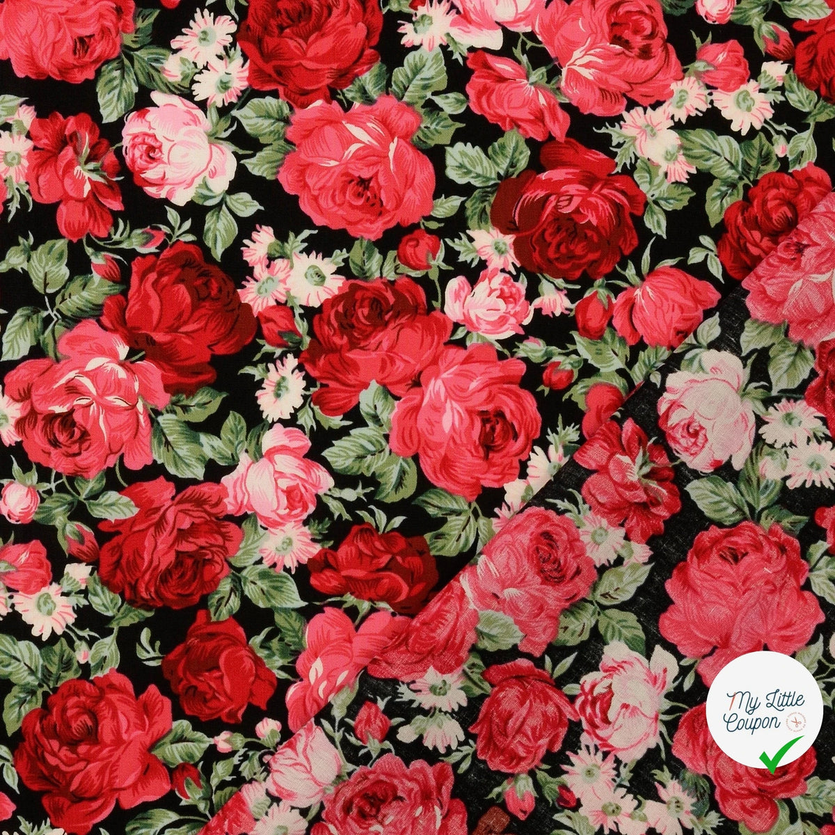 Popeline de coton roses noir