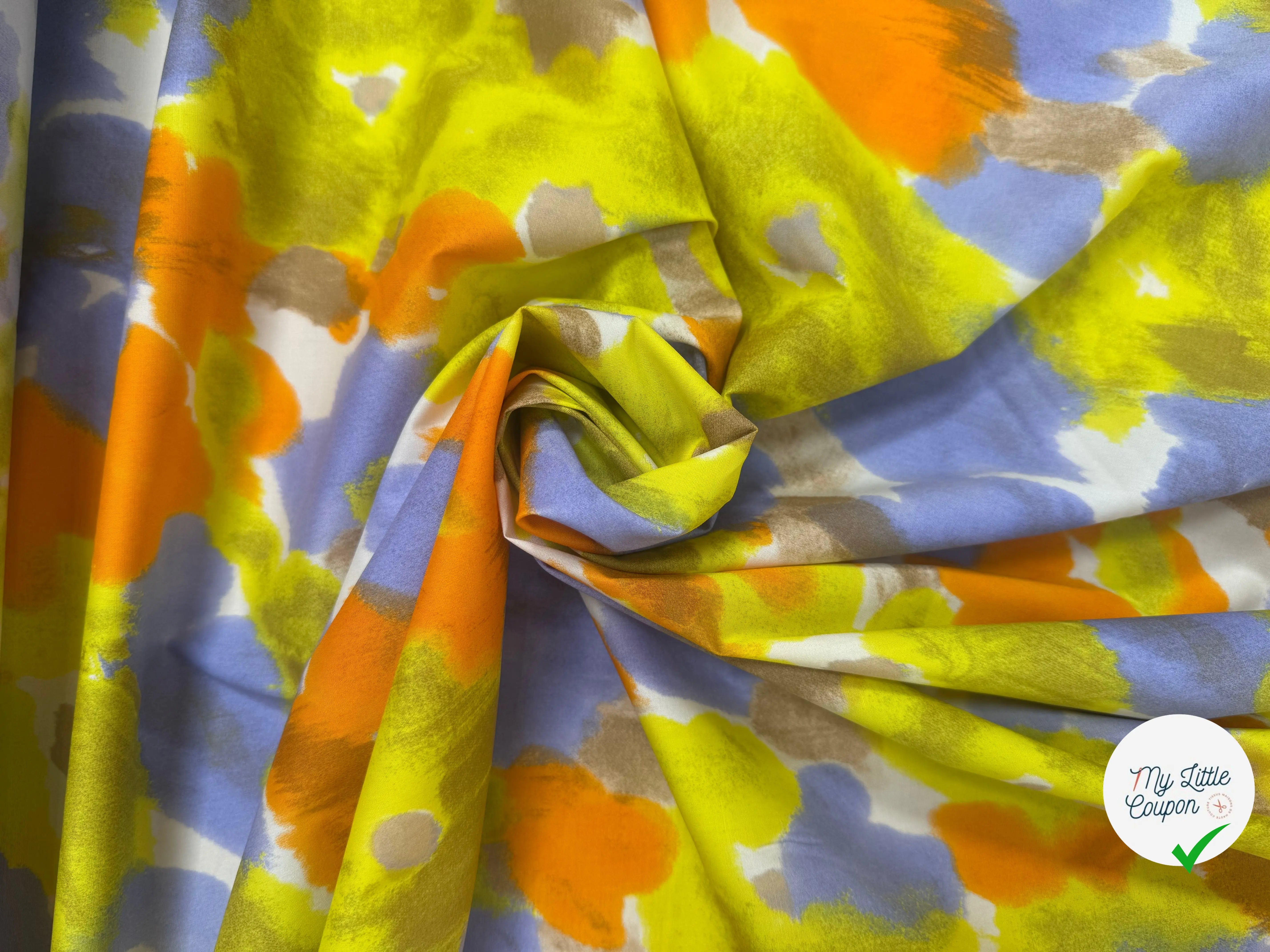 POPELINE DE COTON STRECH FOND BLANC MOTIFS FLEURS JAUNE ORANGE VIOLET - My Little Coupon