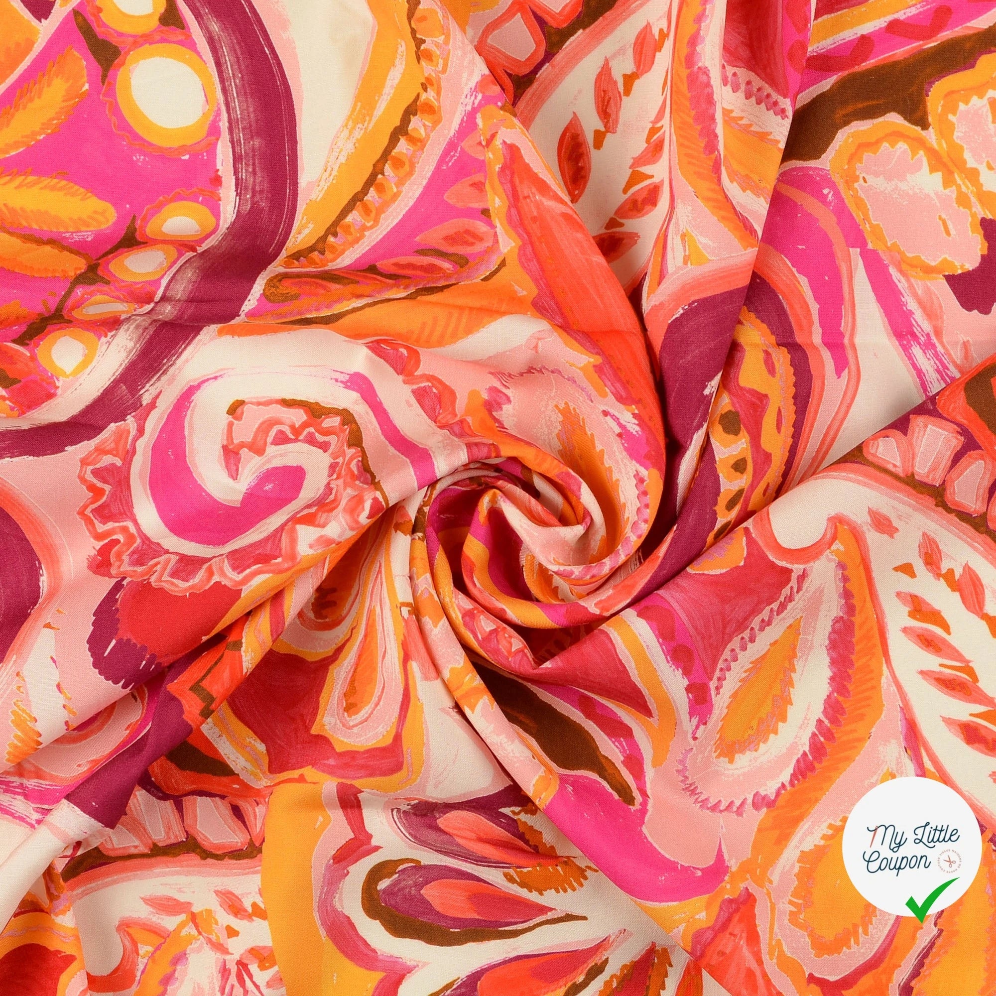 POPELINE DE VISCOSE 100%CV PAISLEY IMPRIMÉ NUMÉRIQUE ROUGE ORANGE - My Little Coupon
