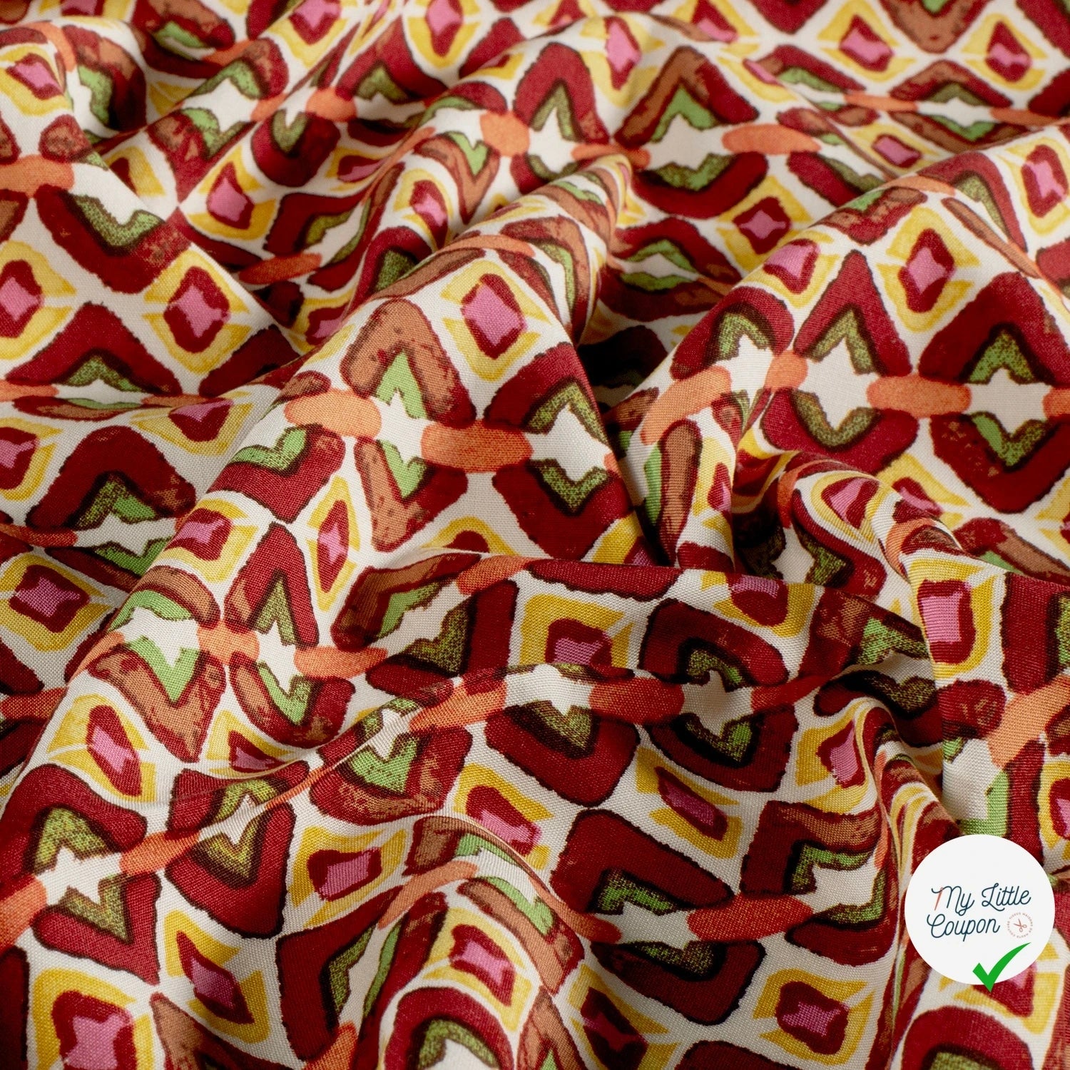 POPELINE DE VISCOSE IMPRIMÉ ABSTRAIT ROUGE BORDEAUX - My Little Coupon