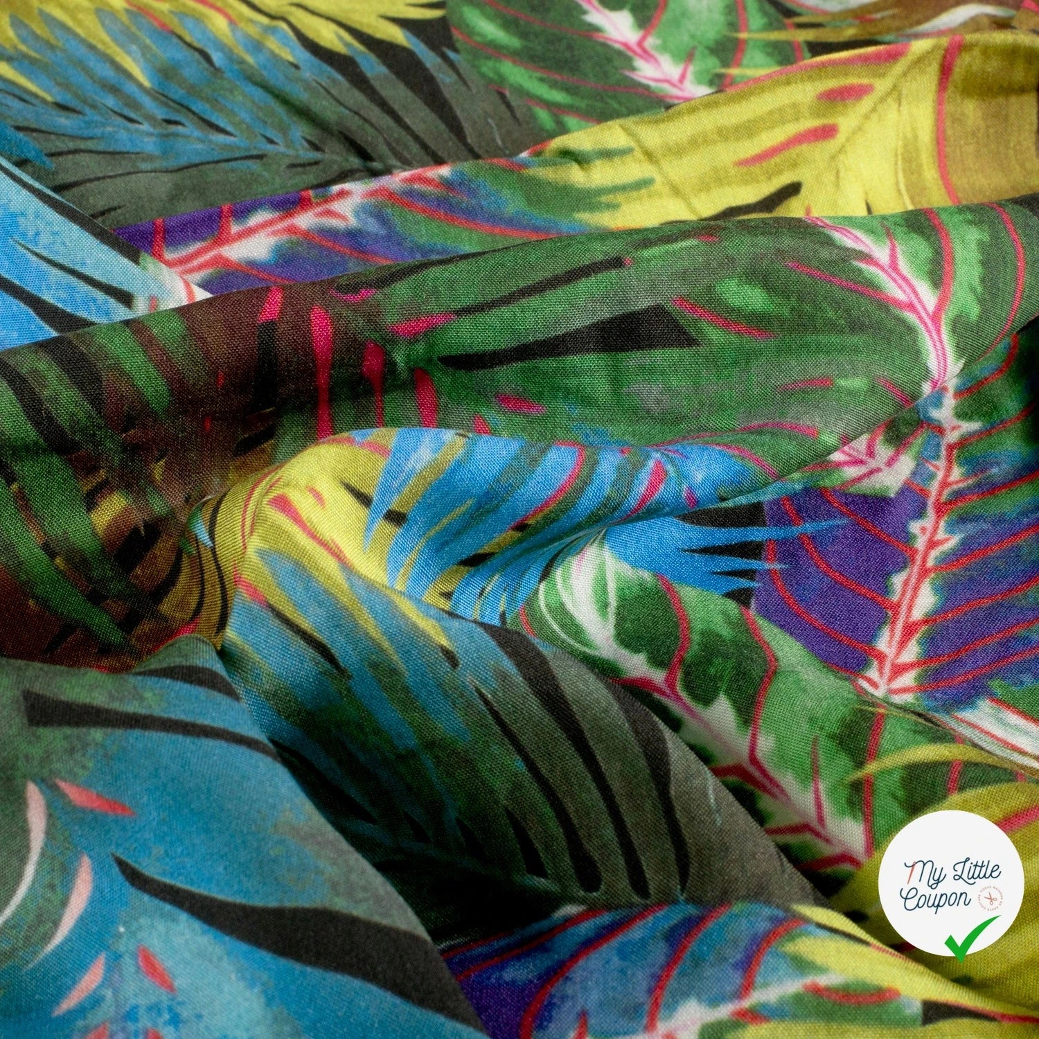 POPELINE DE VISCOSE IMPRIMÉ FEUILLES BLEU CANARD - My Little Coupon