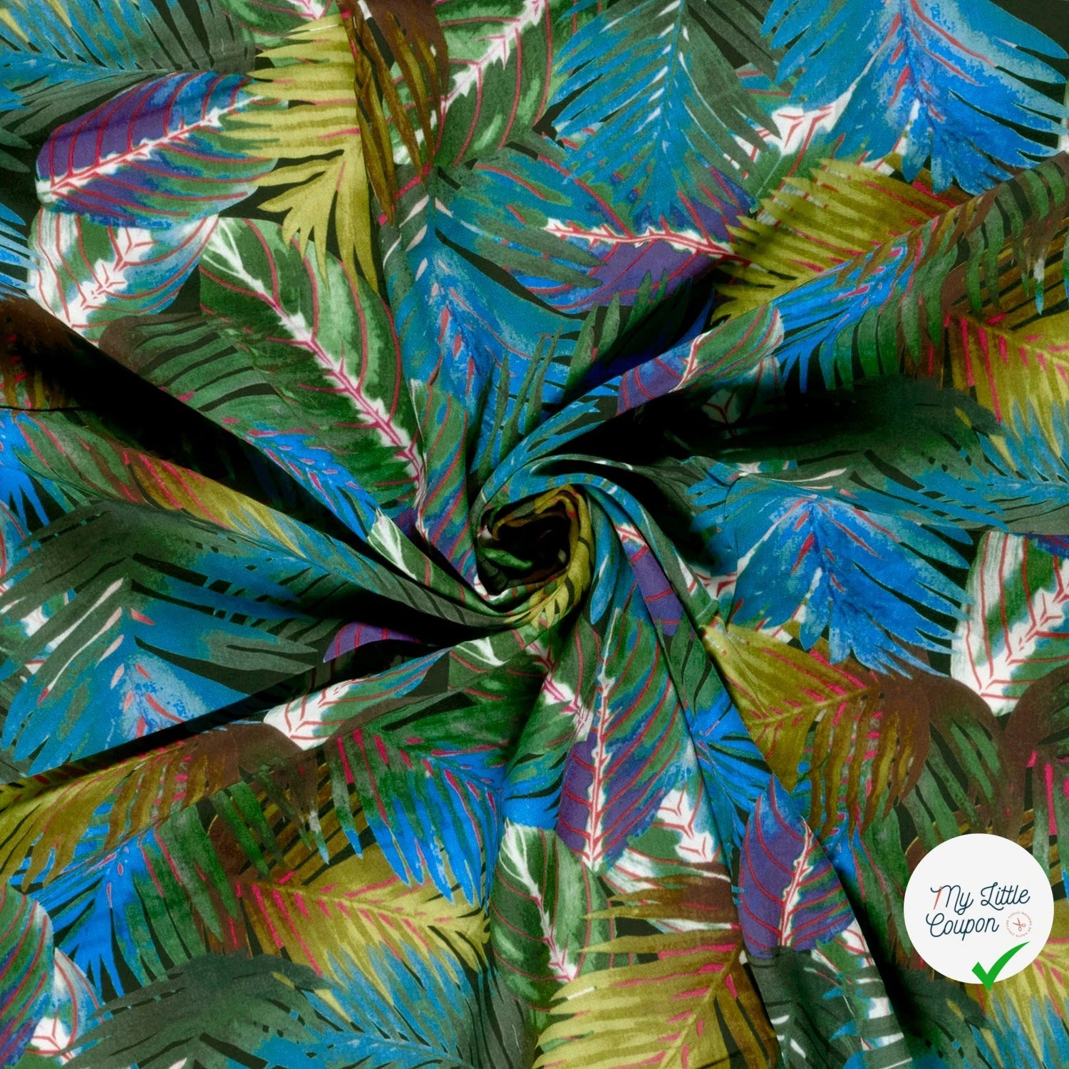 POPELINE DE VISCOSE IMPRIMÉ FEUILLES BLEU CANARD - My Little Coupon
