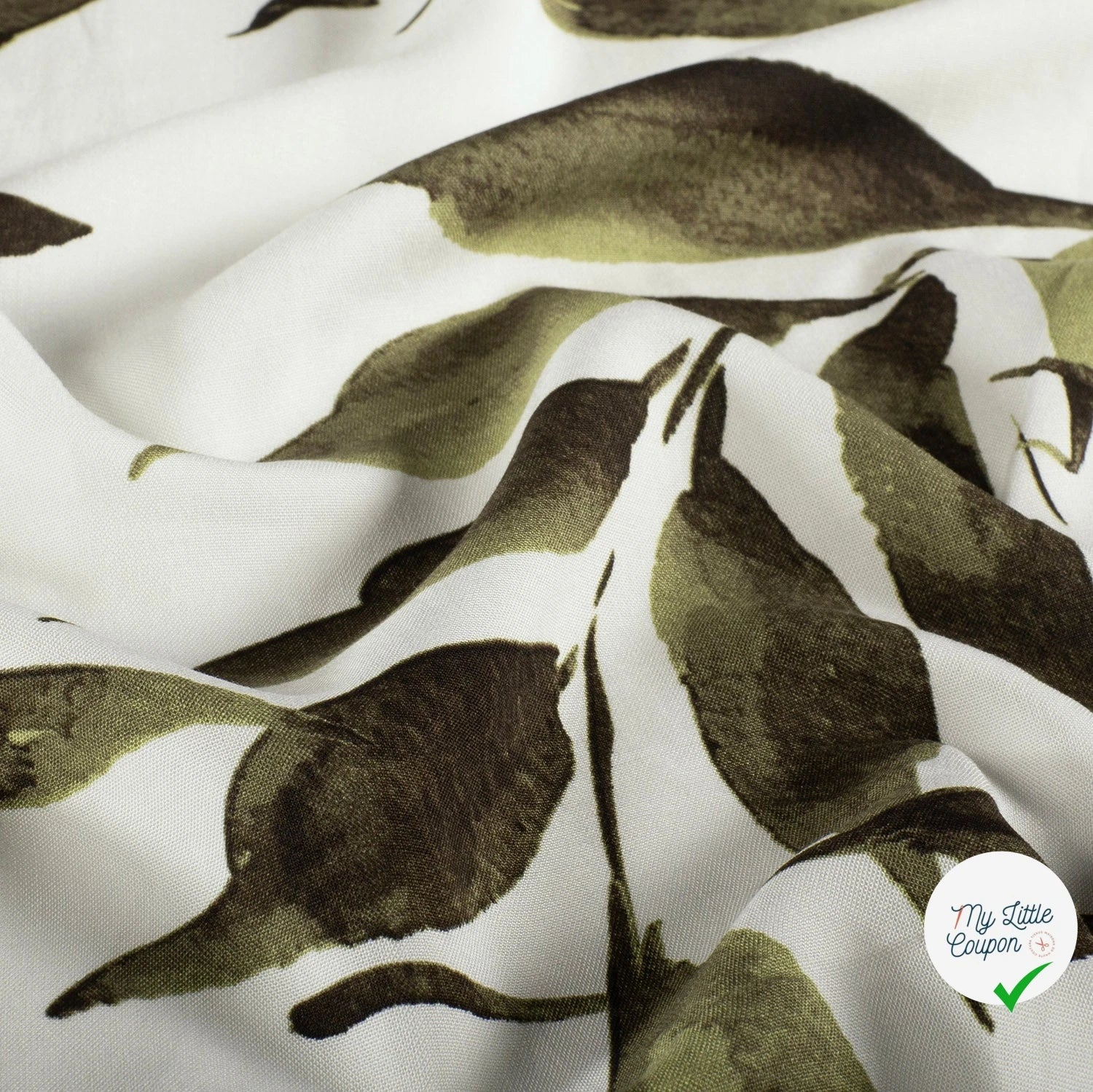 POPELINE DE VISCOSE TISSU IMPRIMÉ FEUILLES VERT KAKI - My Little Coupon