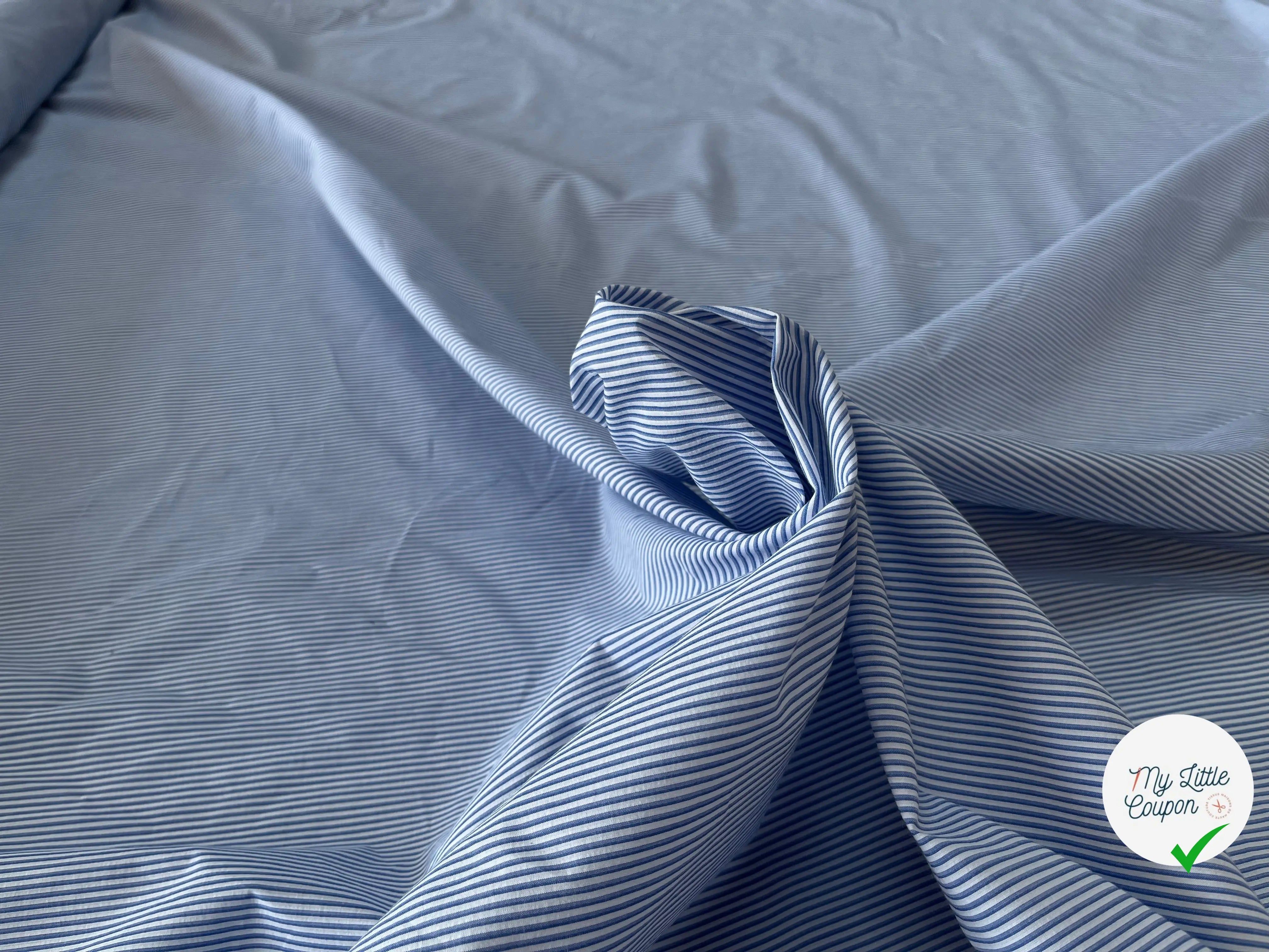 POPELINE DOUBLE RAYURE BLEU FOND BLANC - My Little Coupon