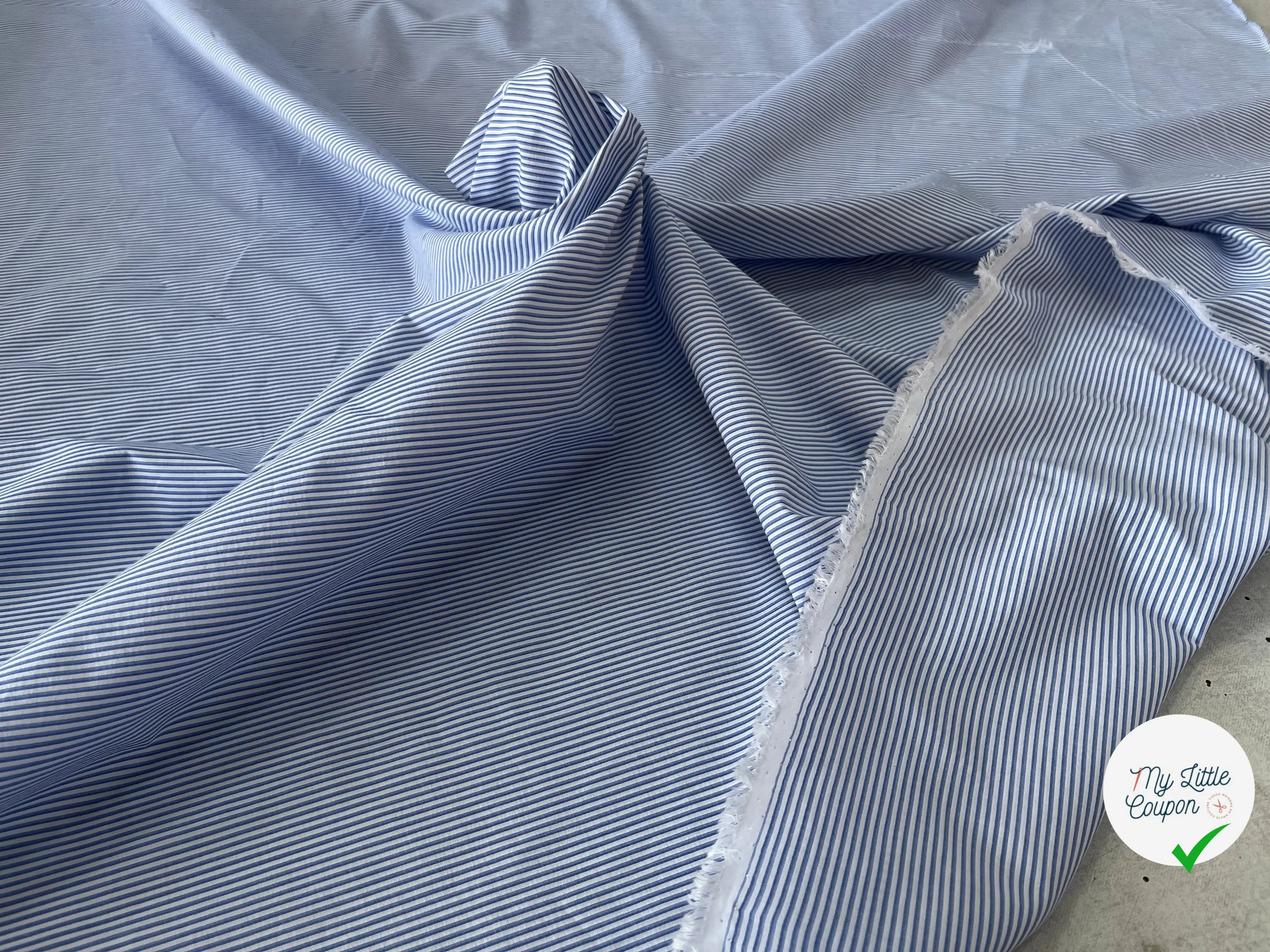 POPELINE DOUBLE RAYURE BLEU FOND BLANC - My Little Coupon