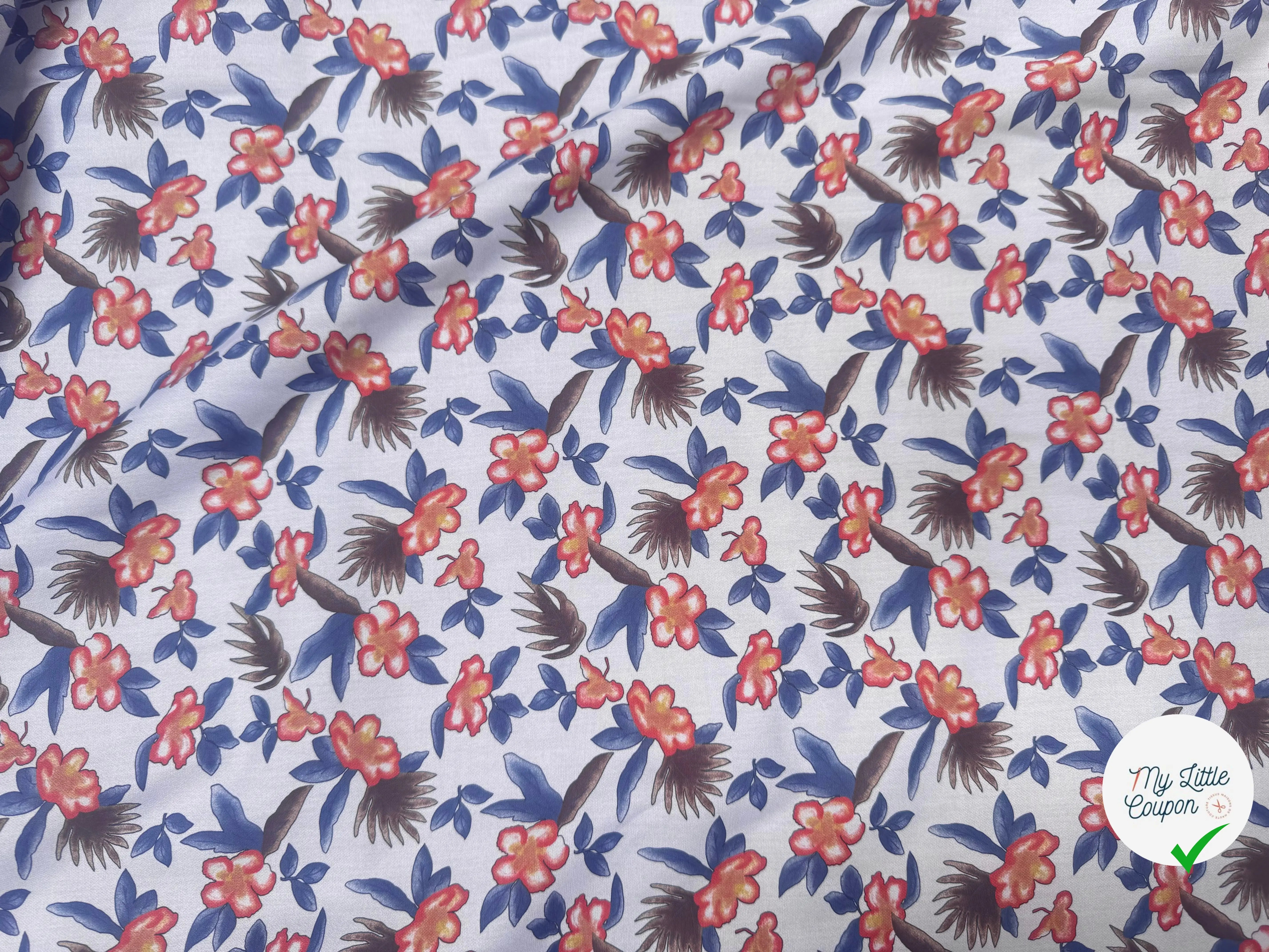 POPELINE SOUPLE COTON BLEU MOTIFS FLORAUX ORANGE BLEU MARRON - My Little Coupon