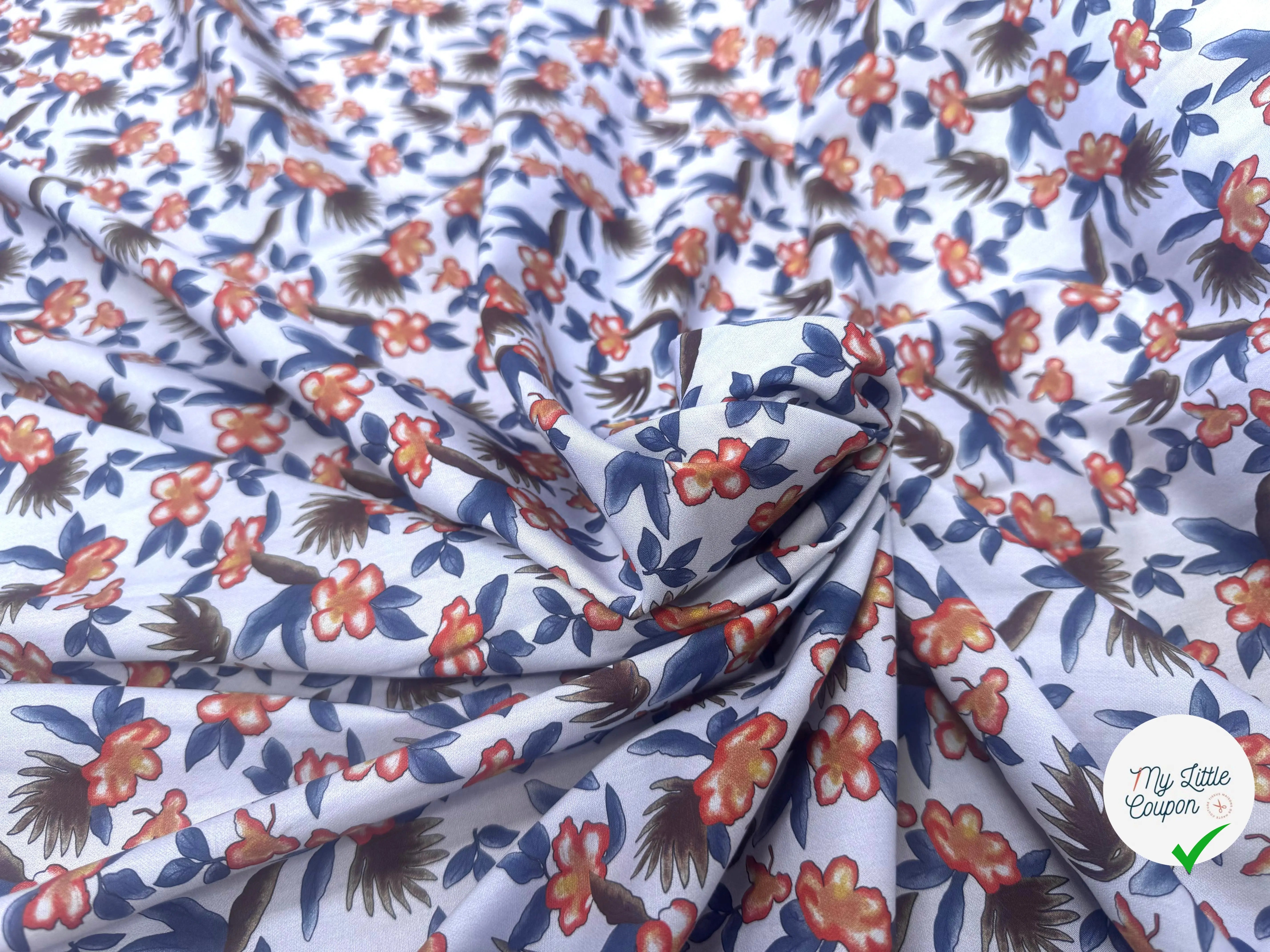 POPELINE SOUPLE COTON BLEU MOTIFS FLORAUX ORANGE BLEU MARRON - My Little Coupon
