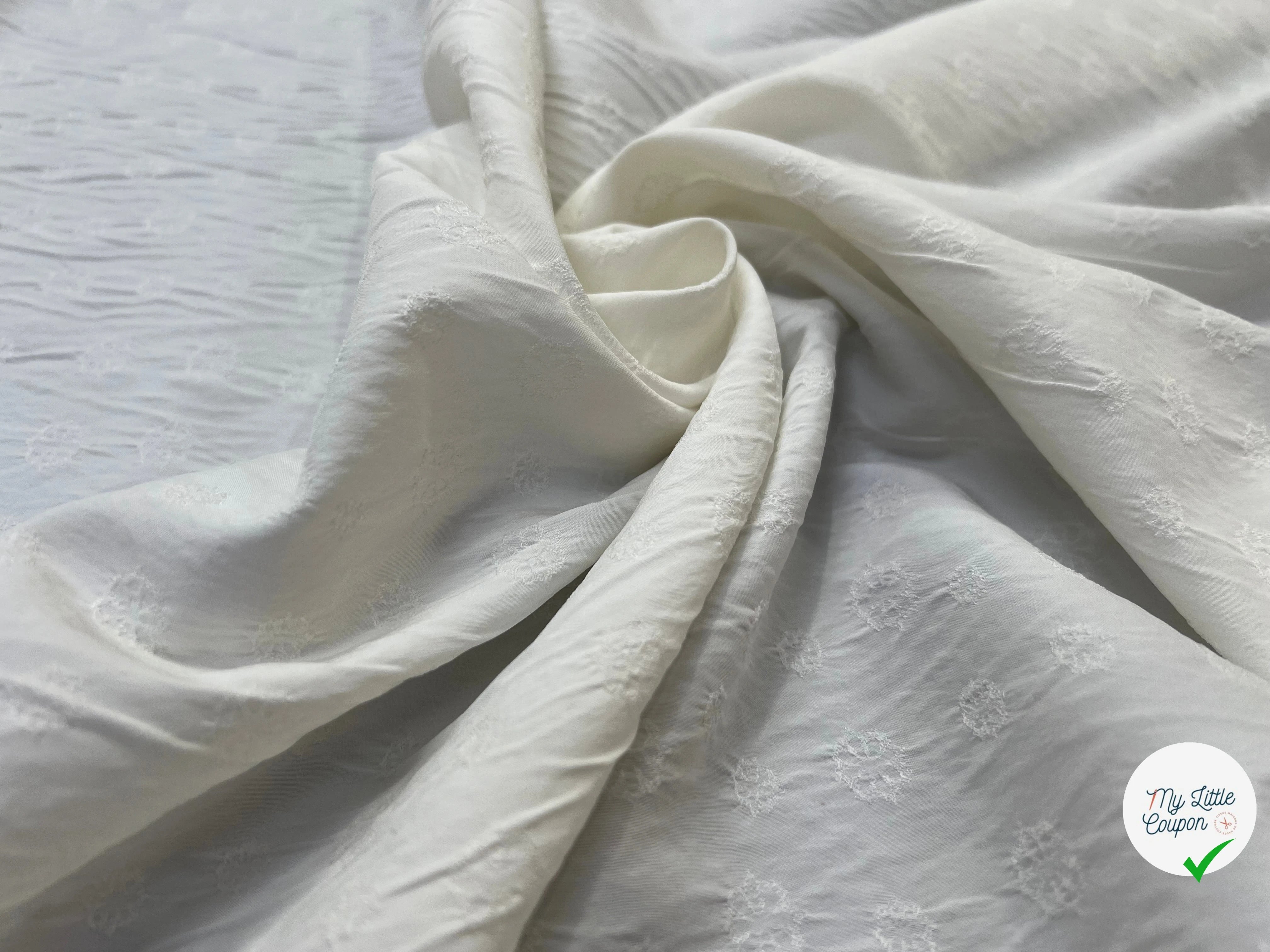 POPELINE STRETCH VISCOSE SOIE BLANCHE MOTIF ROCASE FLEUR - My Little Coupon