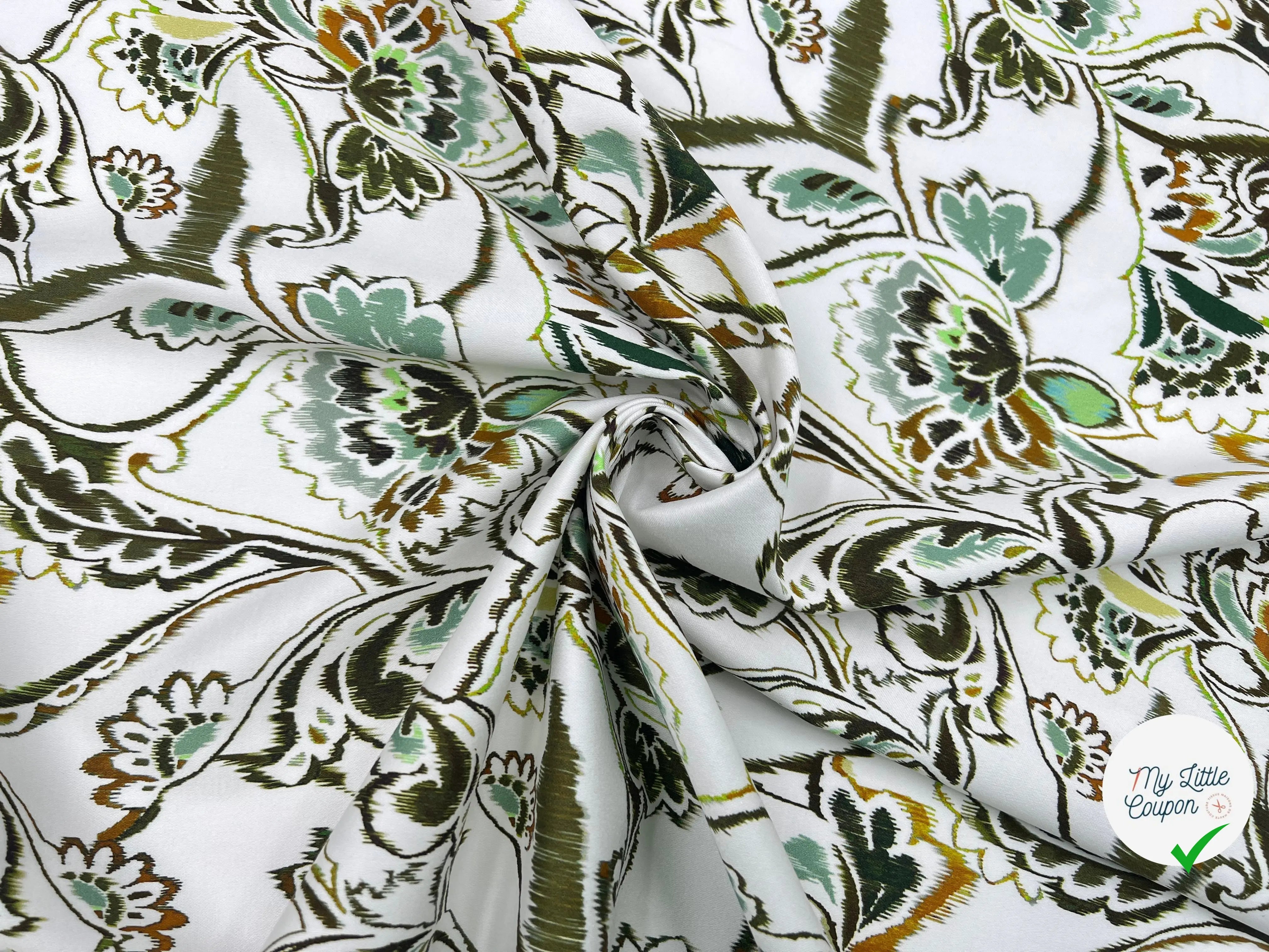 SATIN DE COTON STRETCH FLEURS D'ORIENT TONS DE PISTACHE - My Little Coupon