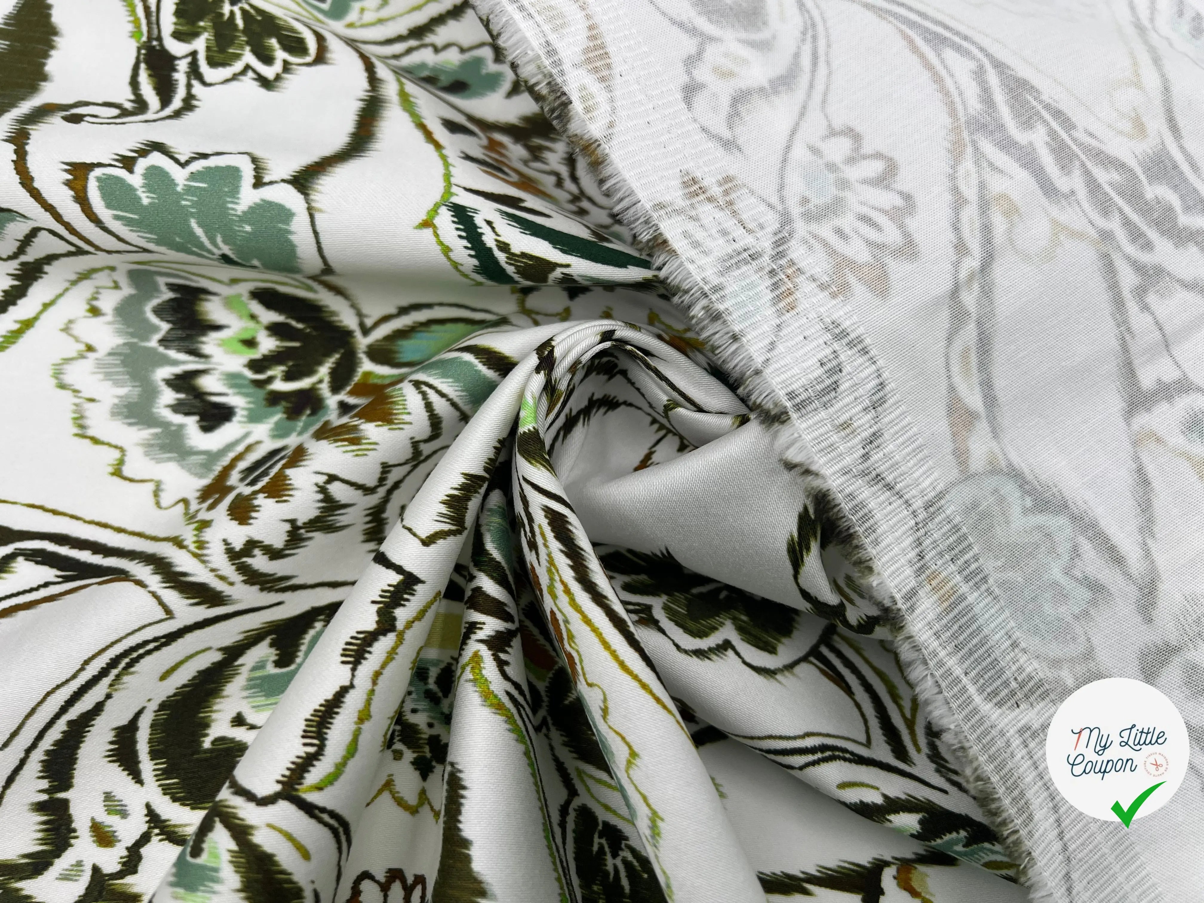 SATIN DE COTON STRETCH FLEURS D'ORIENT TONS DE PISTACHE - My Little Coupon