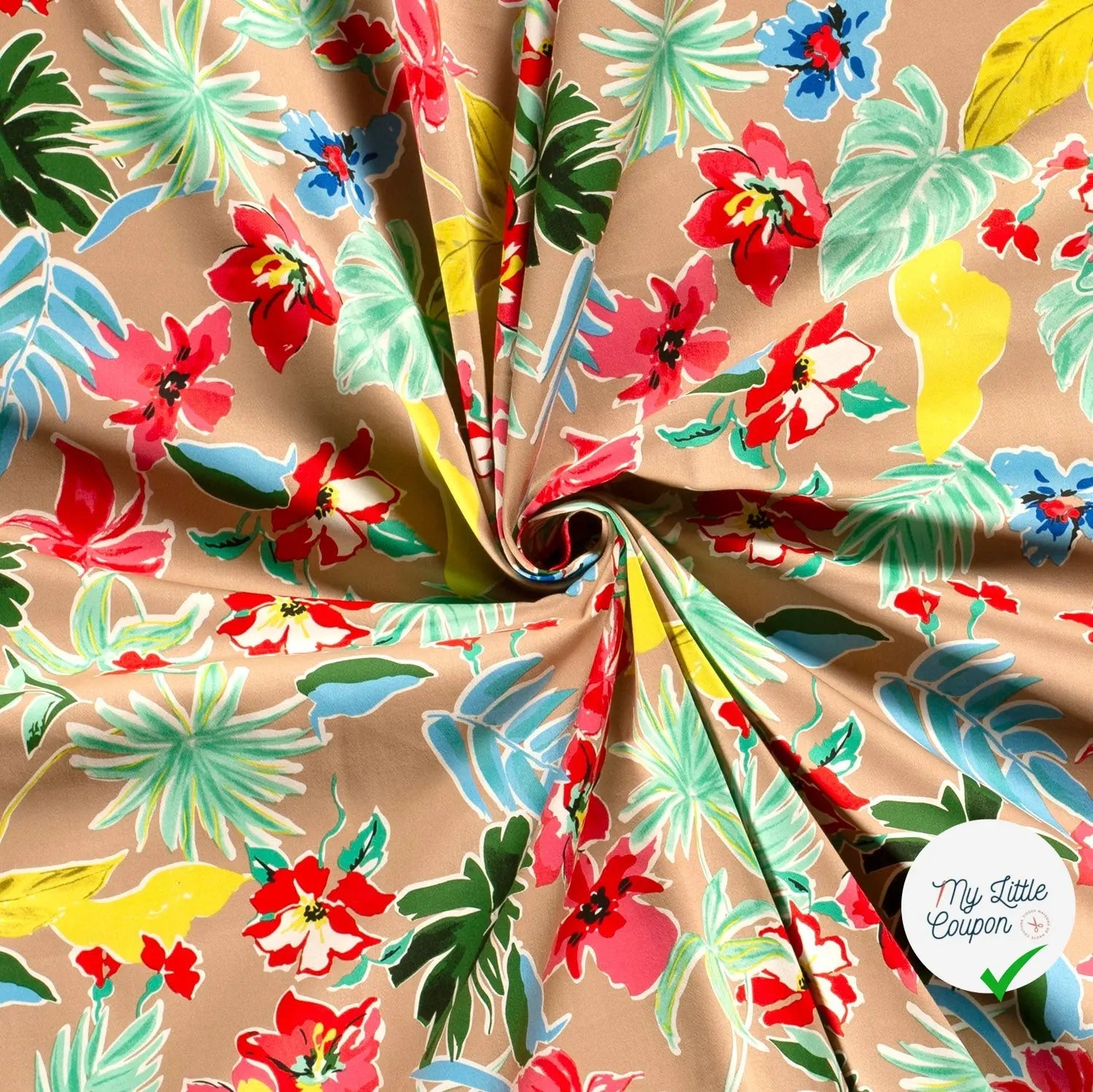 SATIN DE COTON TISSU IMPRIMÉ FLEURS CAMEL - My Little Coupon