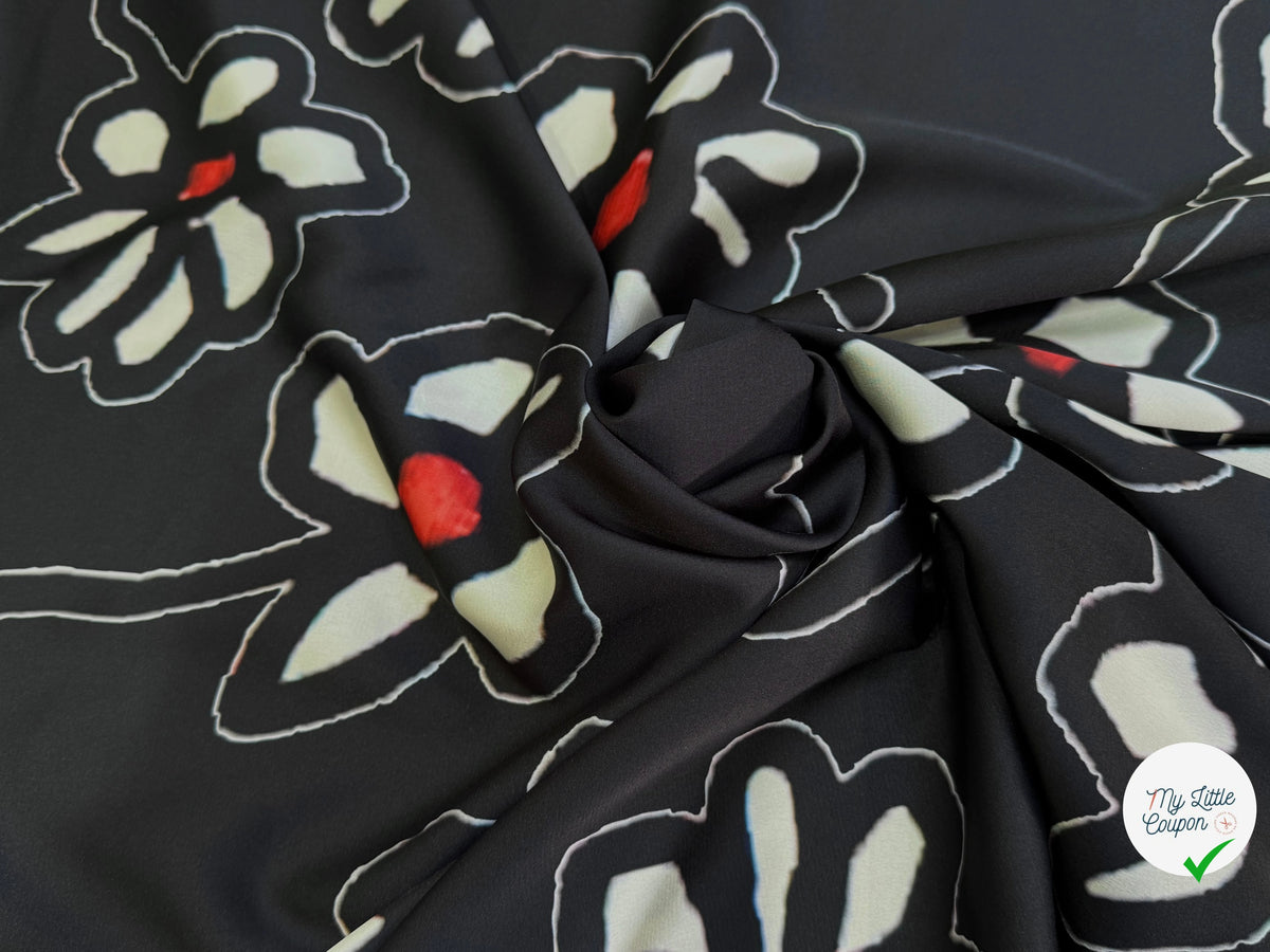 SATIN DE POLYESTER IMPRIMÉ MARGUERITES FOND NOIR - My Little Coupon