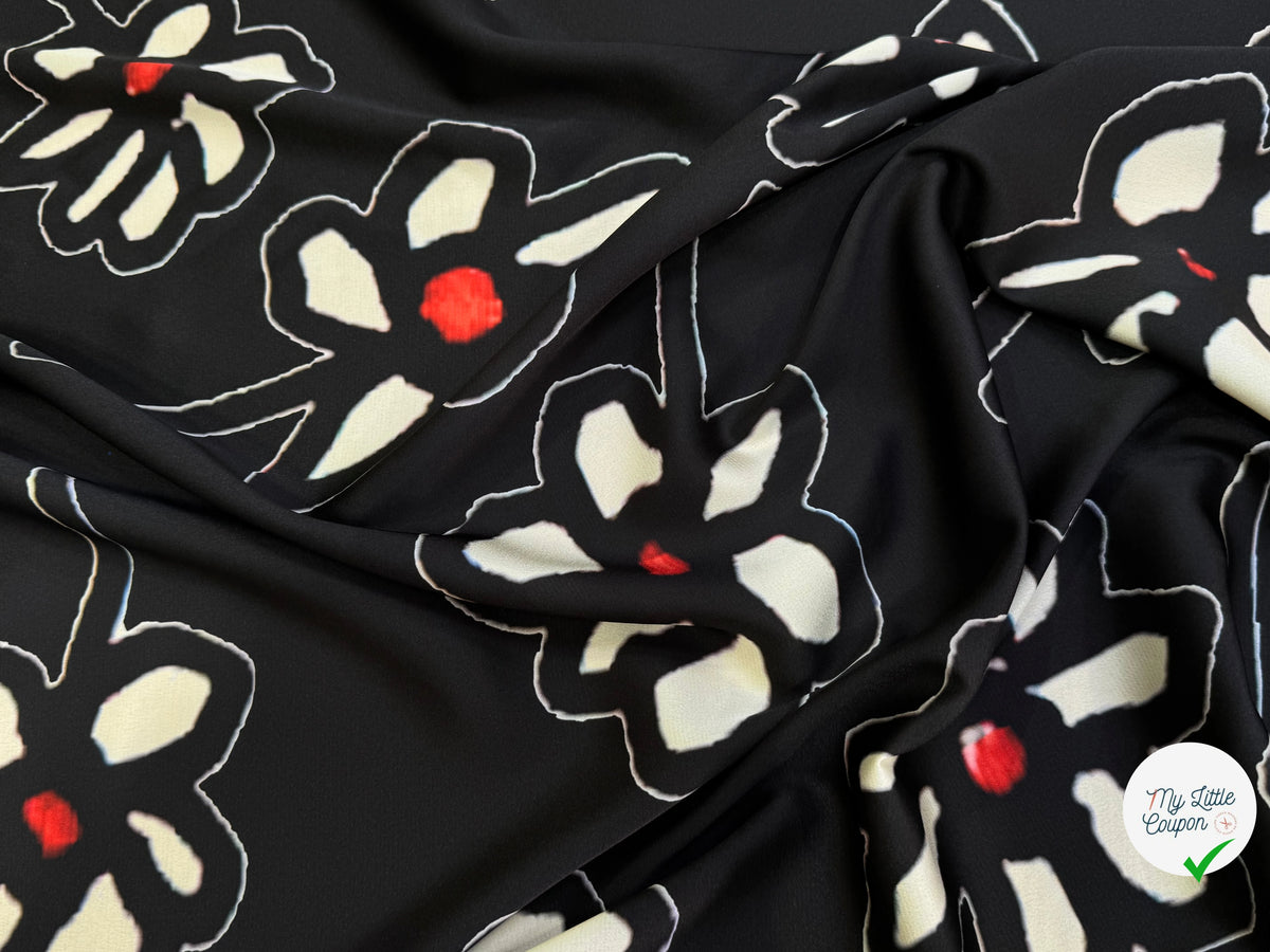 SATIN DE POLYESTER IMPRIMÉ MARGUERITES FOND NOIR - My Little Coupon