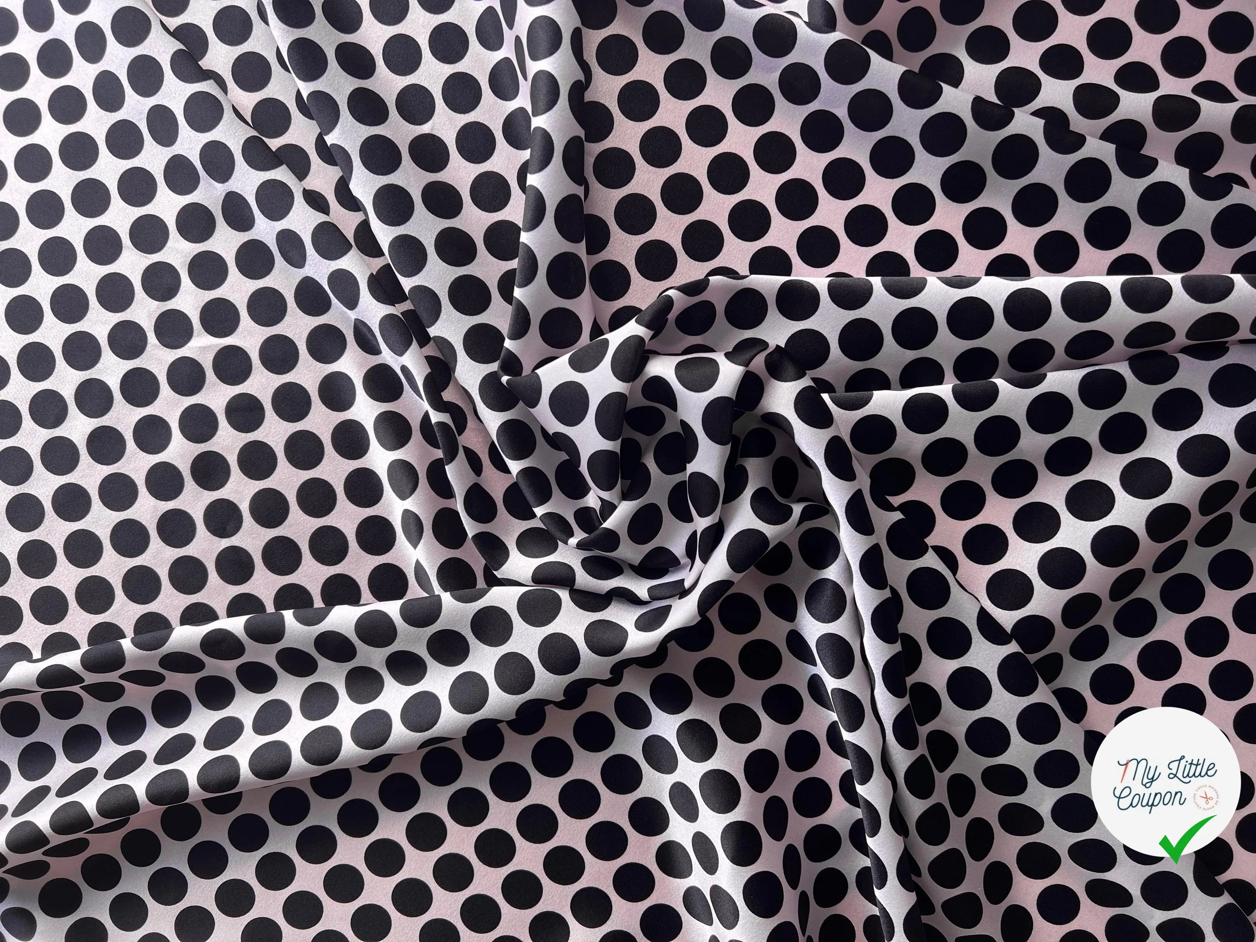 SATIN DE SOIE EXTENSIBLE POIS NOIRS SUR FOND ROSE - My Little Coupon - tissu - coudre