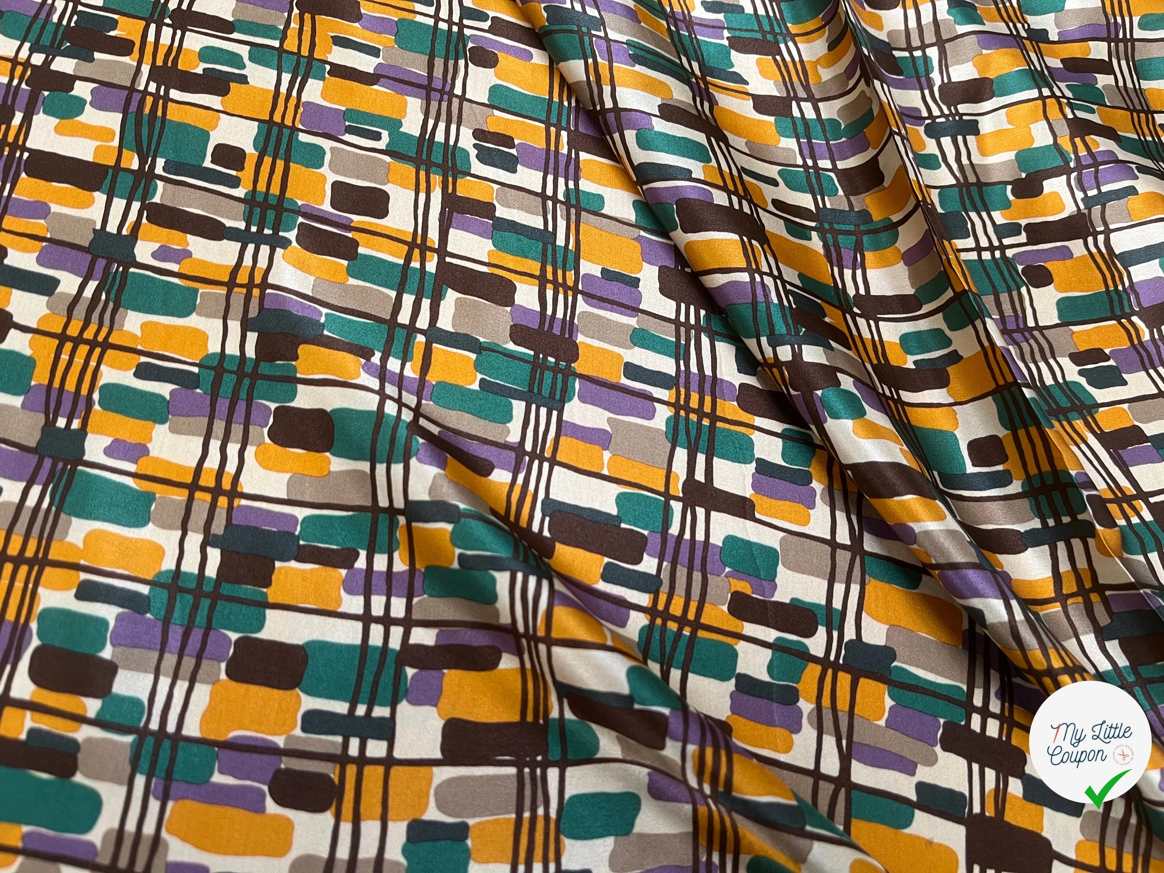 SATIN DE SOIE MOTIF RECTANGLE ABSTRAIT VERT JAUNE MARON ET VIOLET - My Little Coupon