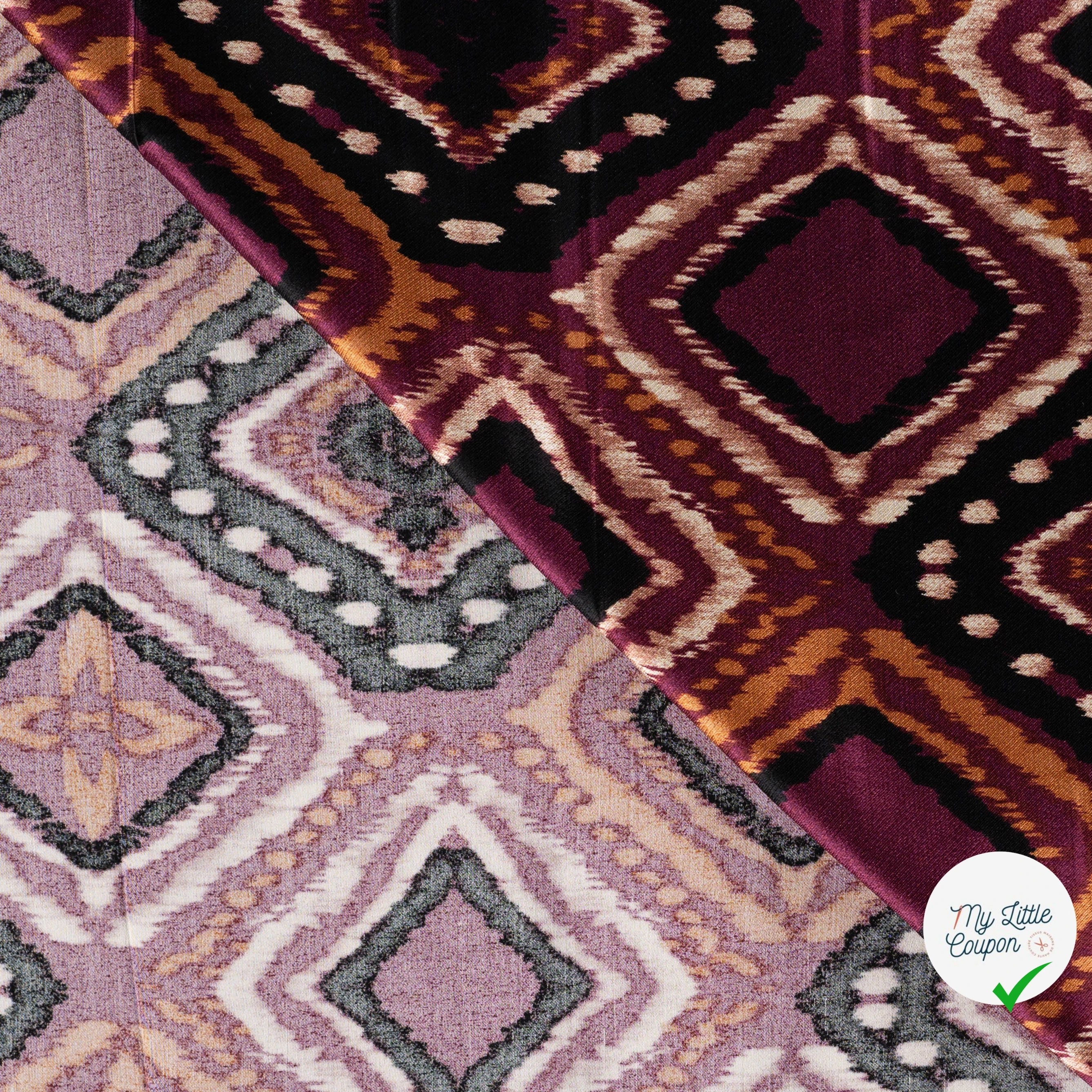 SATIN DE VISCOSE IMPRIMÉ RÉTRO BORDEAUX - endroit et envers