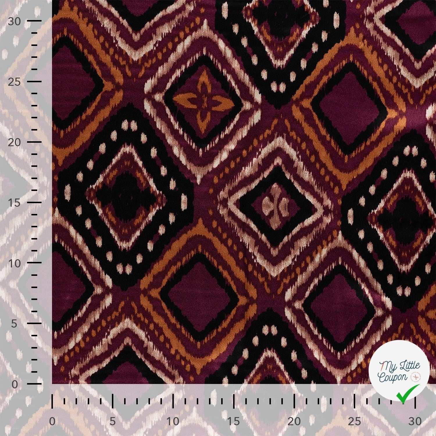 SATIN DE VISCOSE IMPRIMÉ RÉTRO BORDEAUX - échelle en cm