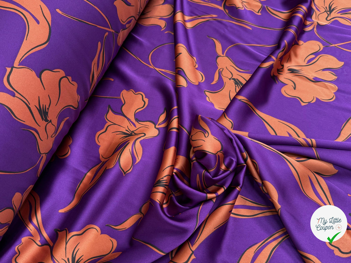 SATIN FLUIDE FOND VIOLET FLORAUX CARAMEL - My Little Coupon
