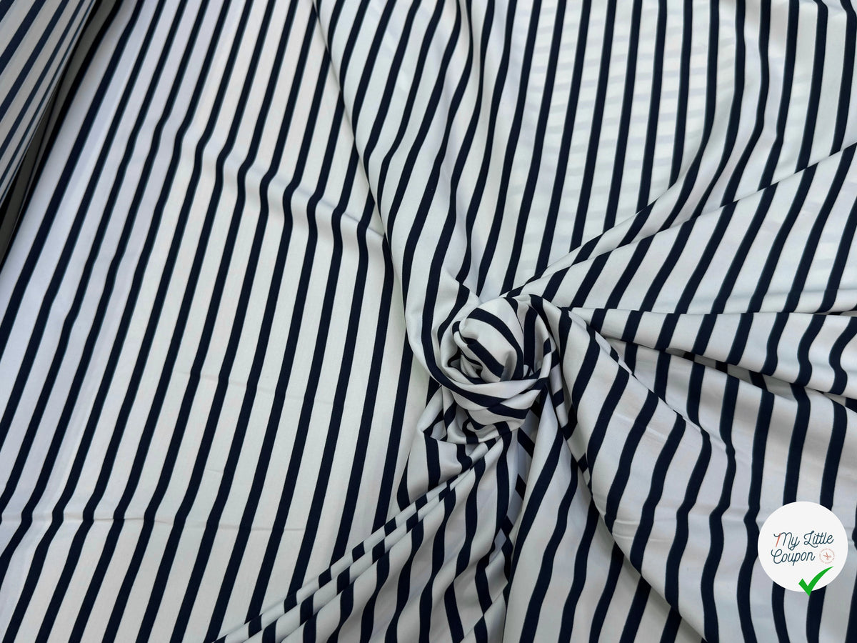 SATIN FLUIDE RAYURES BLEUES HORIZONTALES FOND ÉCRU STRETCH - My Little Coupon